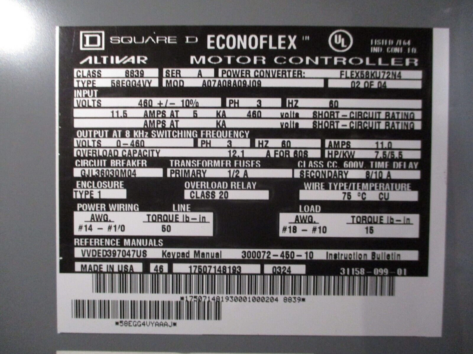 Square D EconoFlex Altivar AC Drive w/ Bypass 8839 58EGG4VY Ser. A 7.5HP 3Ph