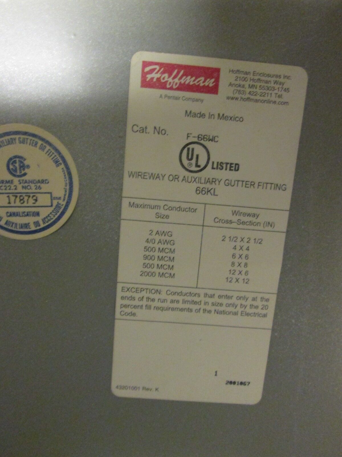 Hoffman Wireway Cross Fitting F66WC Size 6x6" Used