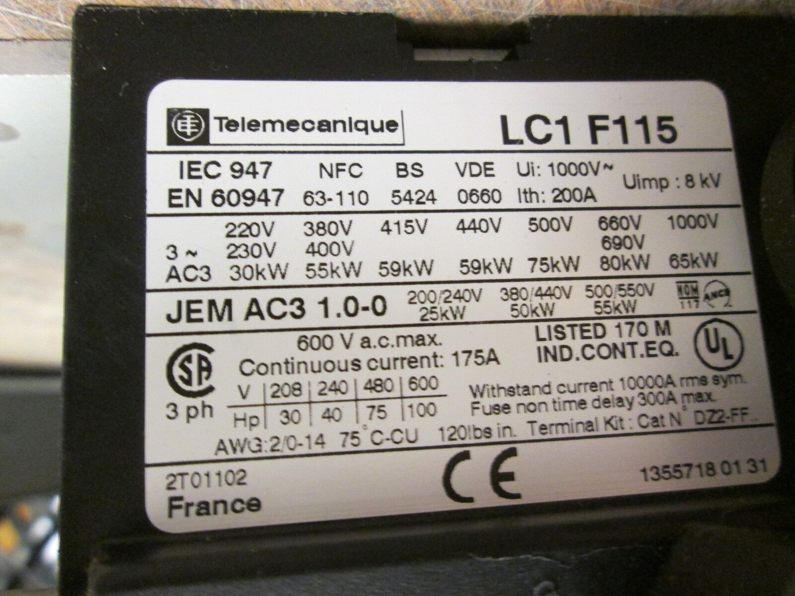 Telemecanique Contactor w/ 2 Aux Blocks LC1F115 115-120V Coil Used