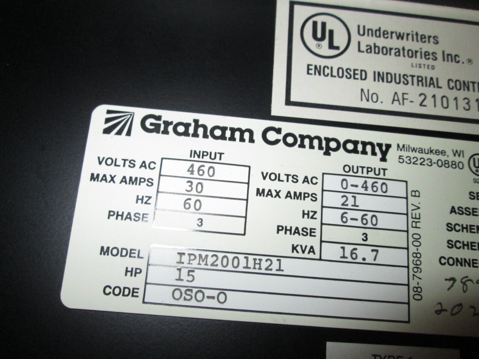Graham AC Drive w/ Bypass IPM2001H21 15HP 3Ph Used