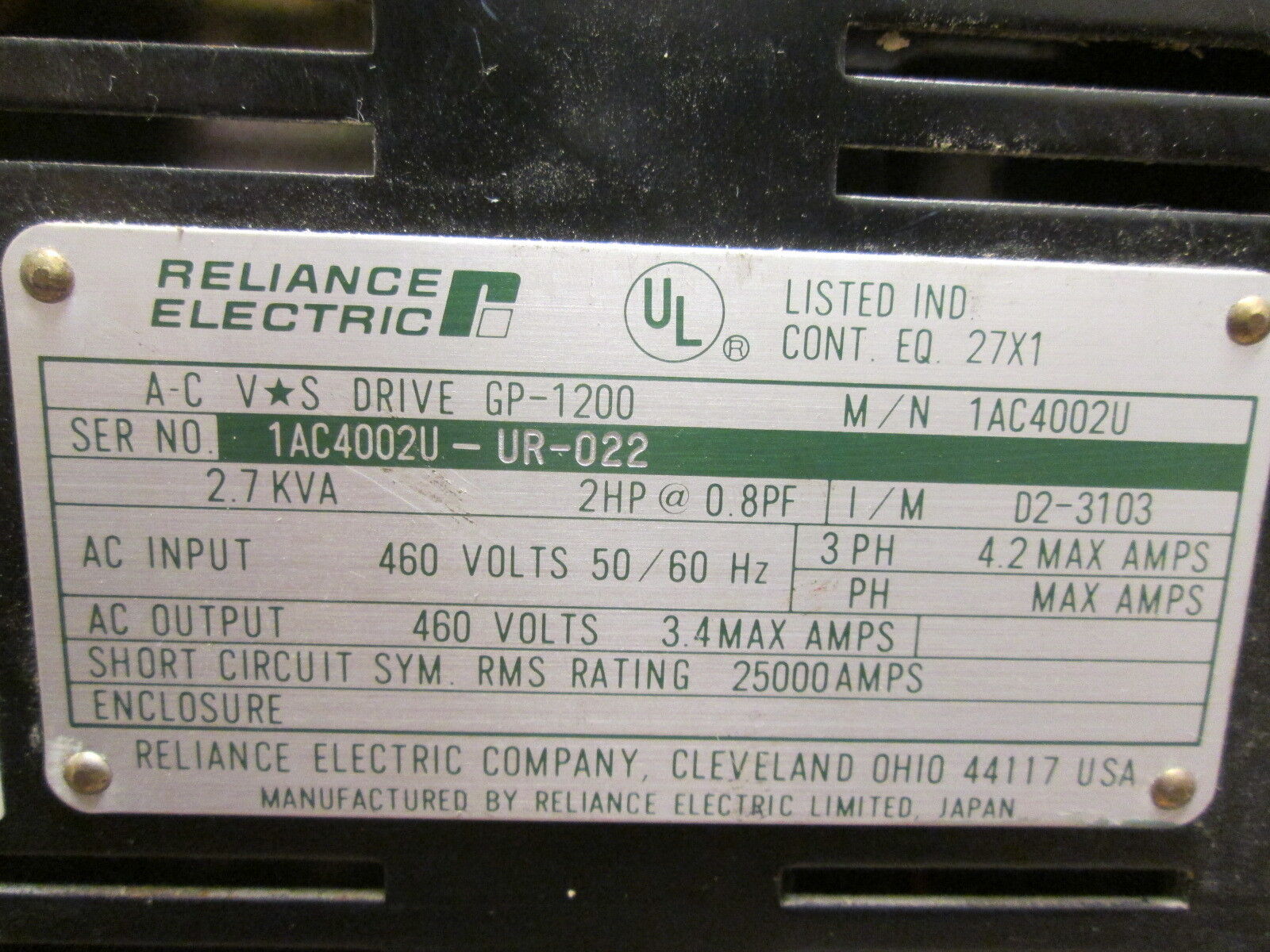 Reliance Electric GP-1200 A-C VS Drive 1AC4002U 2HP Used