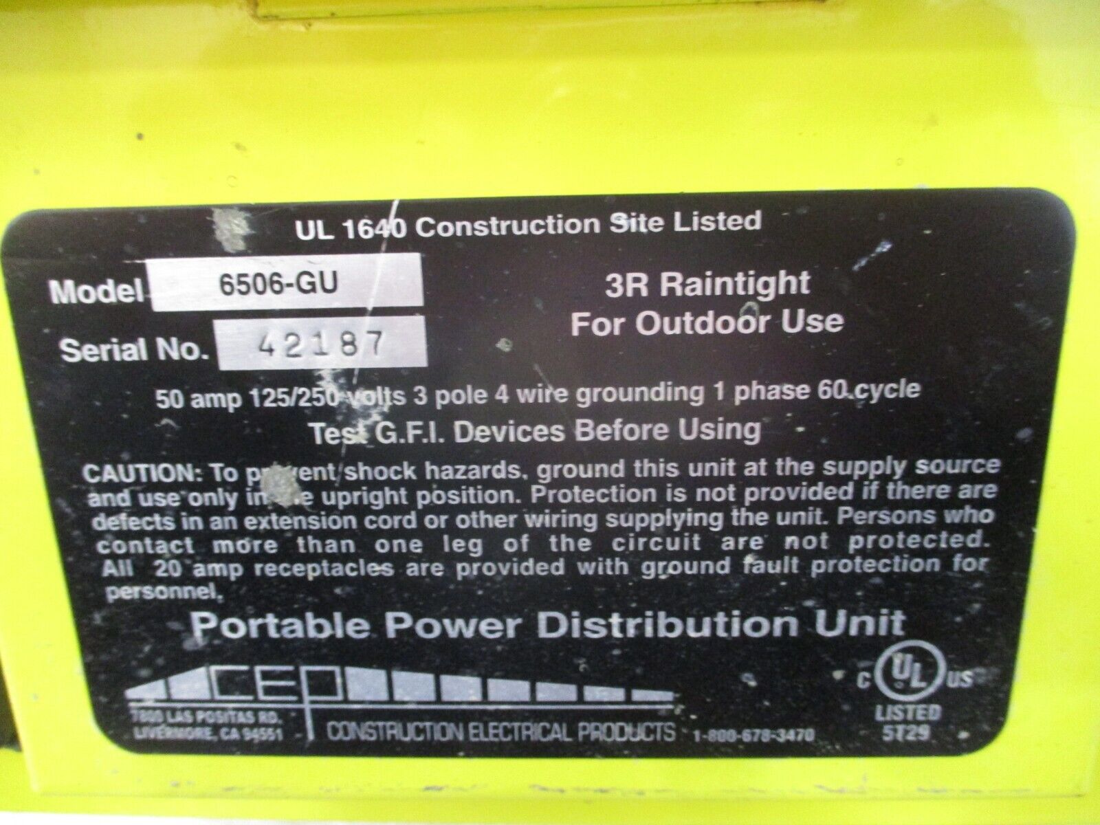 CEP Portable Power Distribution Unit 6506-GU 50A 125/250V 3P 4W 1Ph 60Hz