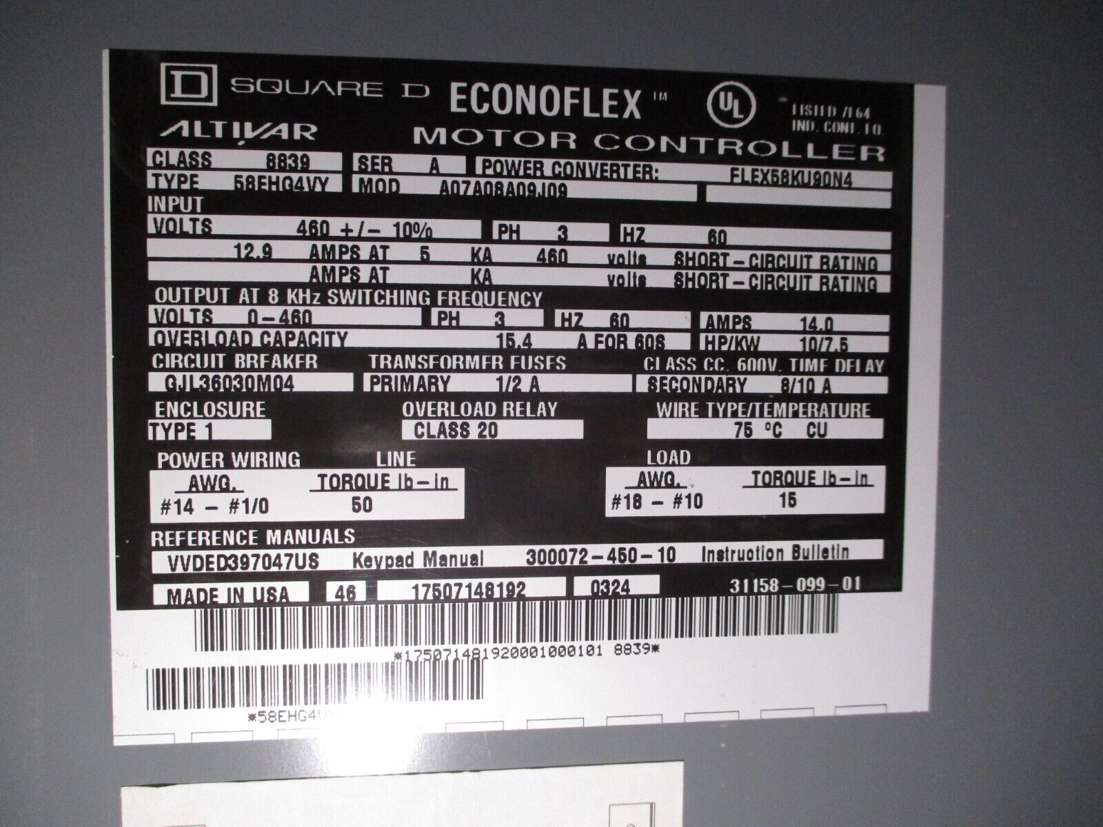 Square D EconoFlex Altivar AC Drive w/ Bypass 8839 58EHG4VY Ser. A 10HP 3Ph Used