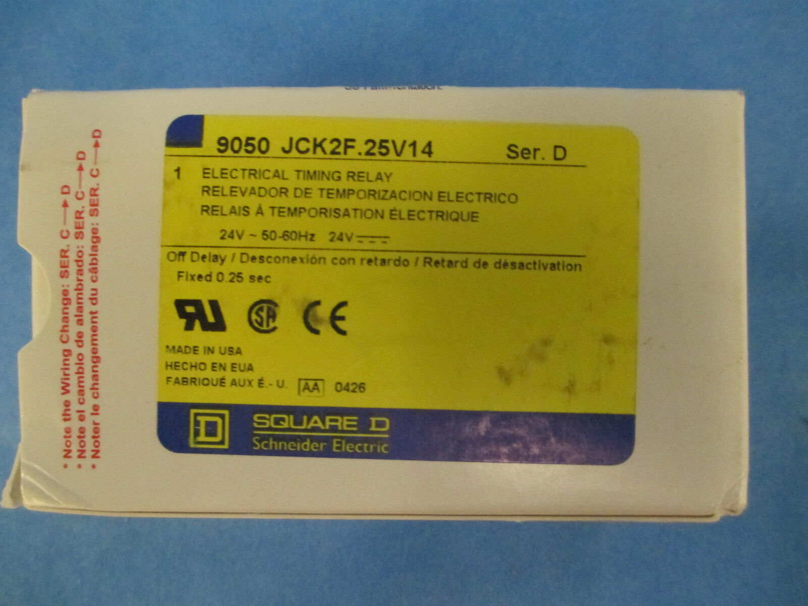 SQUARE D 9050JCK2F.25V14 Electrical Timing Relay New Surplus