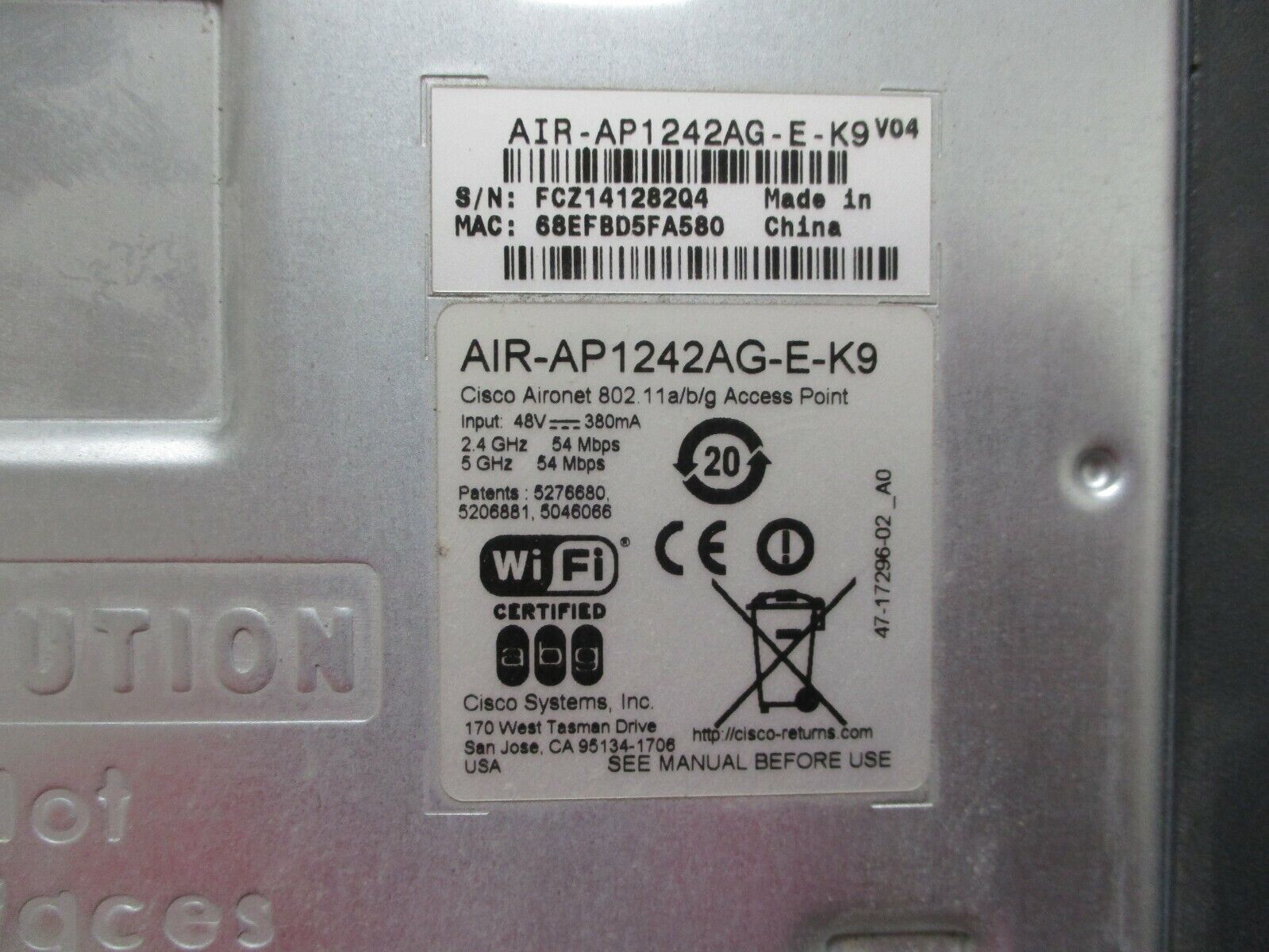 Cisco Systems Aironet 802.11a/b/g Access Point AIR-AP1242AG-E-K9 480V 380mA Used