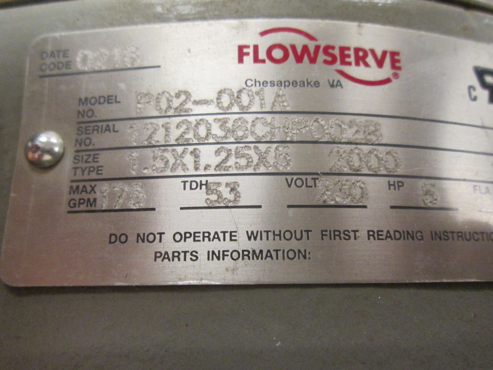 Flowserve Pump w/ Motor P02-001A Size:1.5X1.25X5 2000 5HP 230V 175GPM 53TDH Used