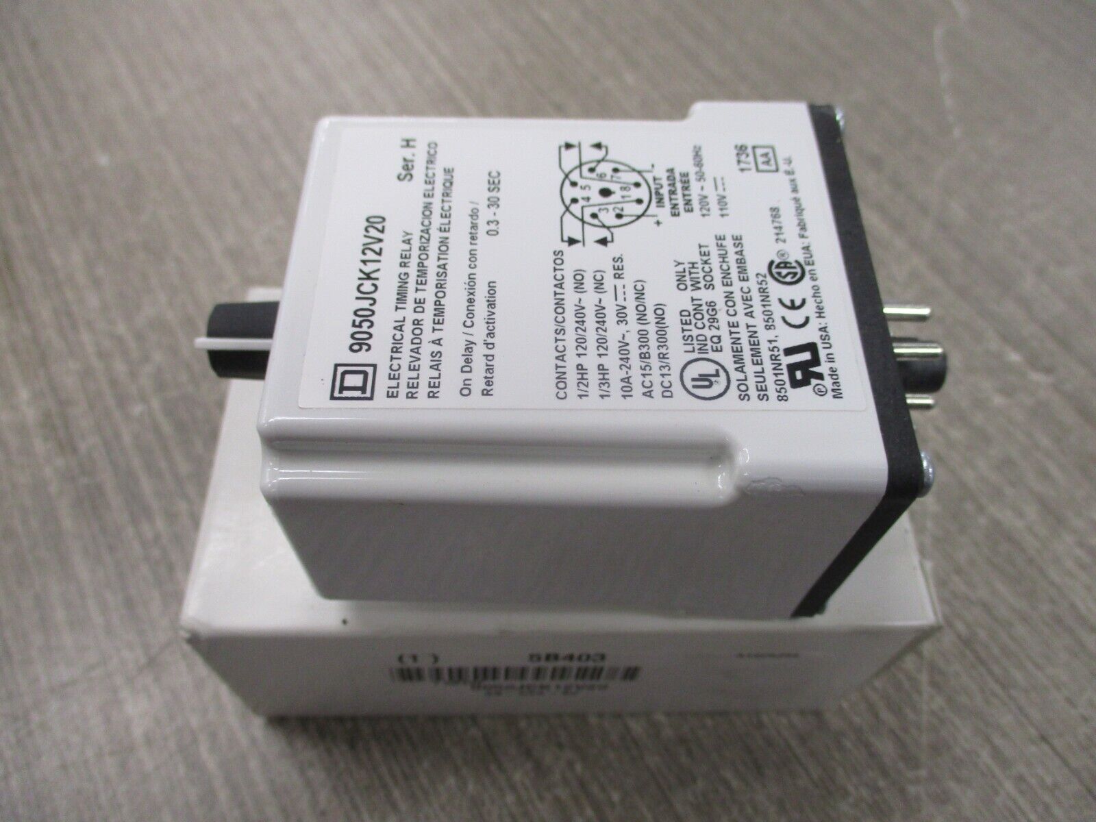 Square D Timing Relay 9050JCK12V20 Ser. H 120V On Delay ; 0.3-30 sec New Surplus