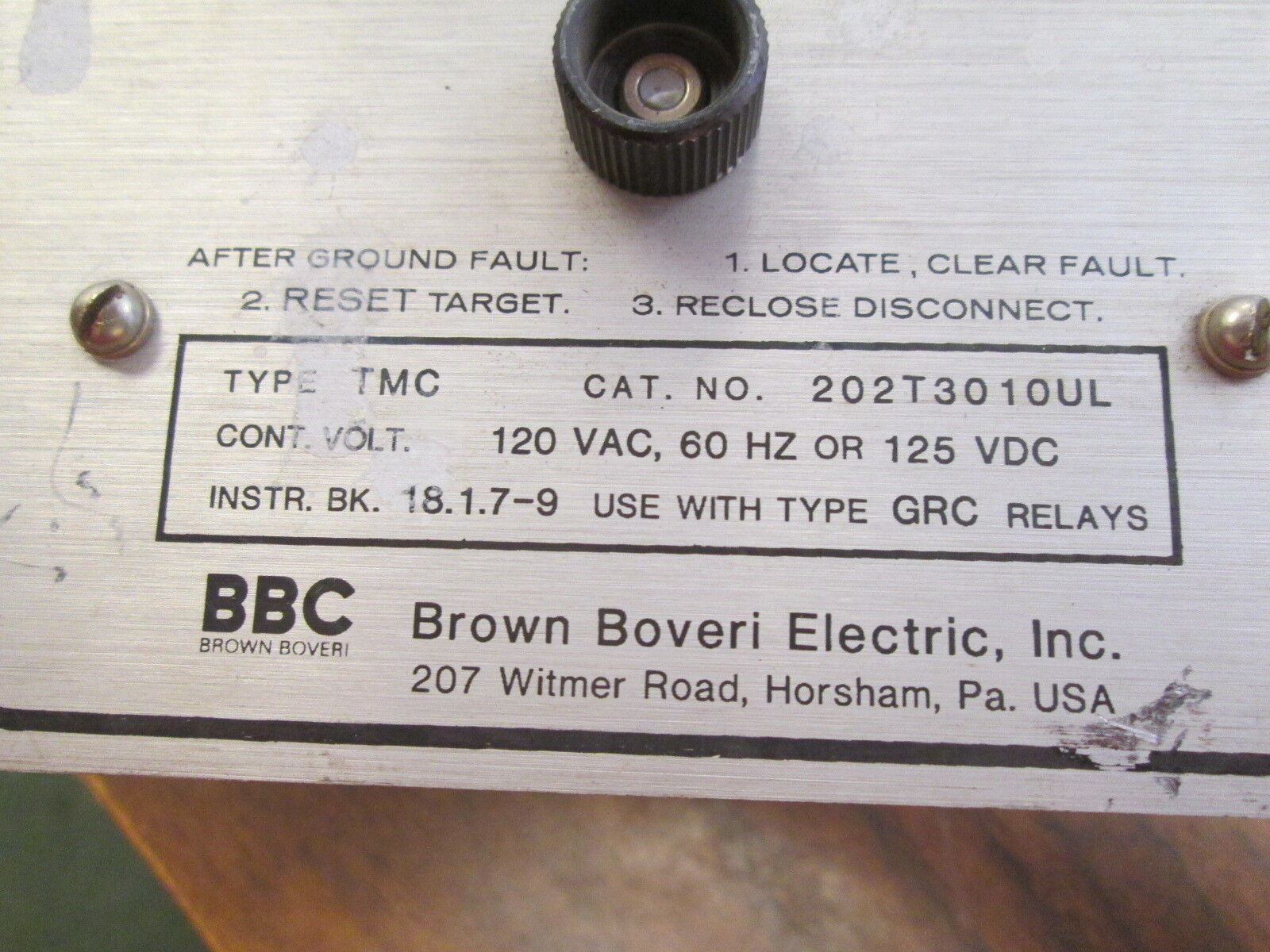 BBC Type TMC Ground Fault Monitor 202T3010UL 120V 60Hz 125VDC Used