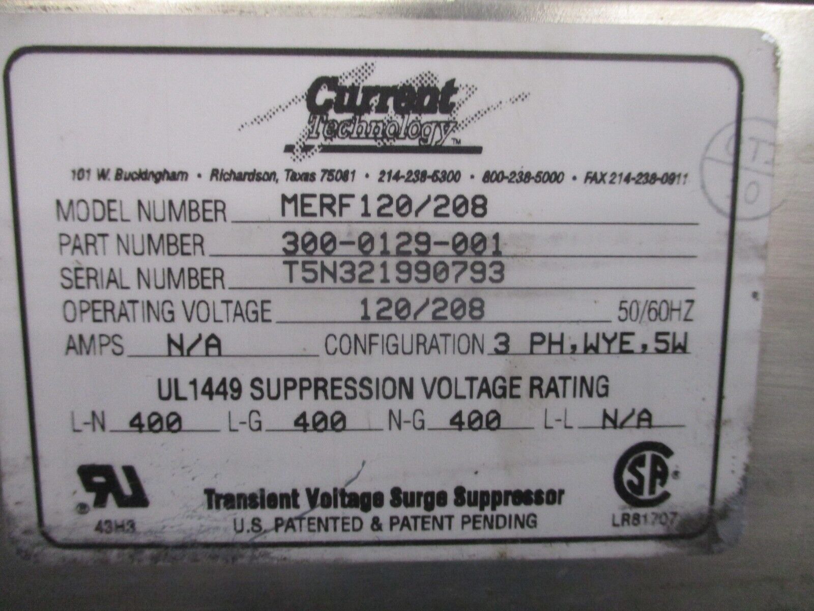 Current Technology MERF120/208,WYE Surge Suppressor 300-0129-001 120/208V