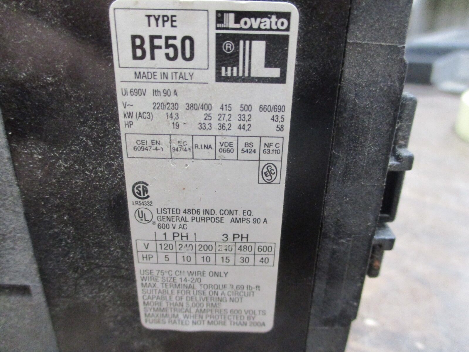 Lovato Contactor BF50 276V Coil 90A 600V Used