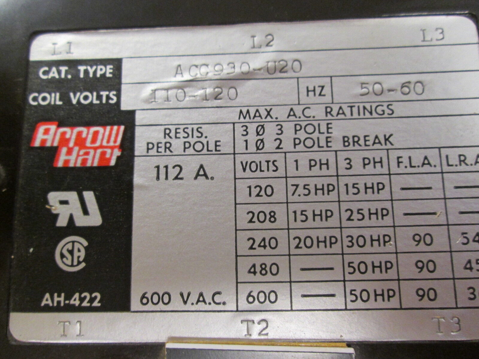 Arrow Hart Contactor ACC930-V20 120V Coil 112A 600V Used