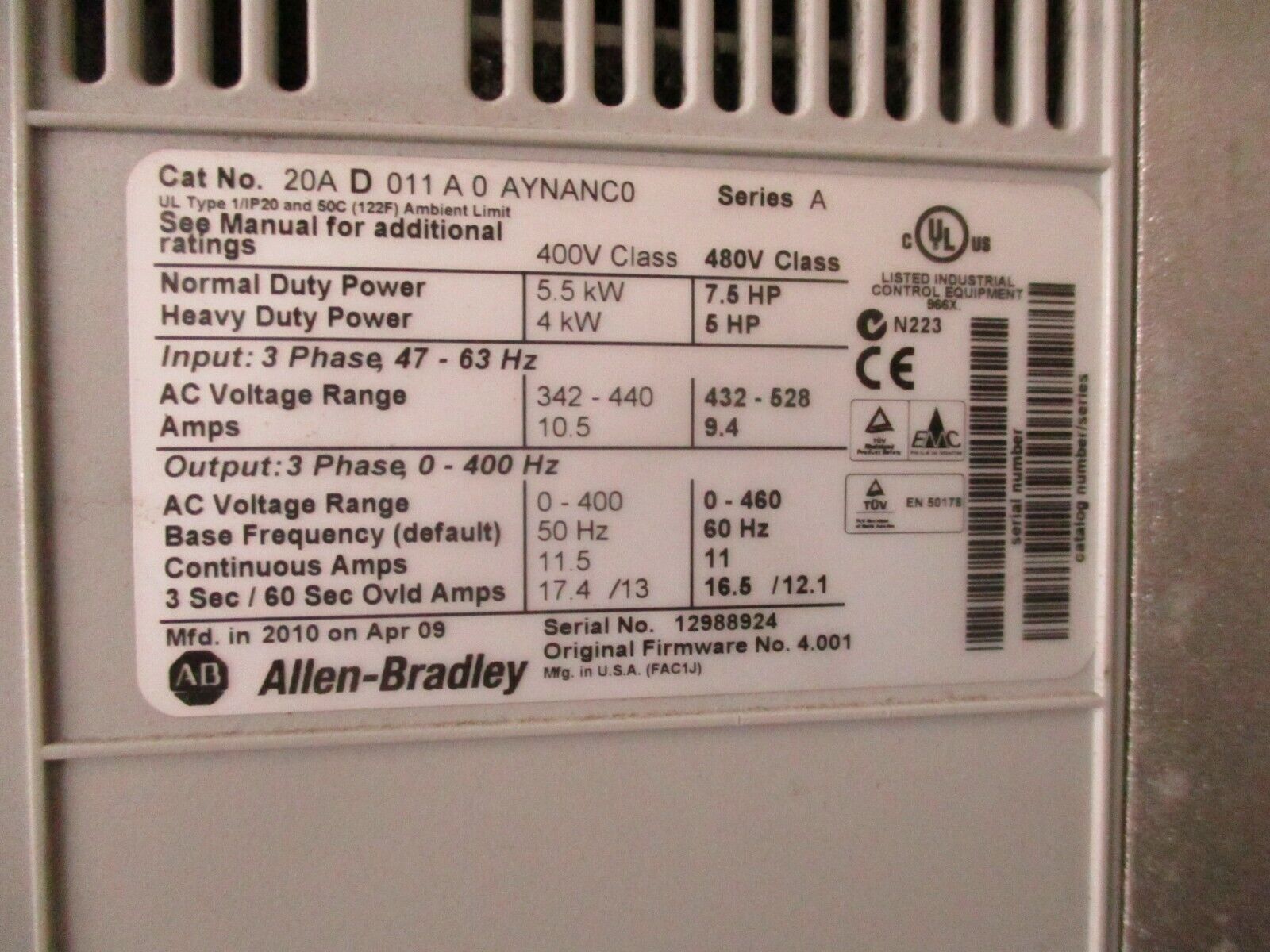 Allen-Bradley PowerFlex 70 AC Drive 20A D 011 A 0 AYNANC0 7.5HP 3Ph Used