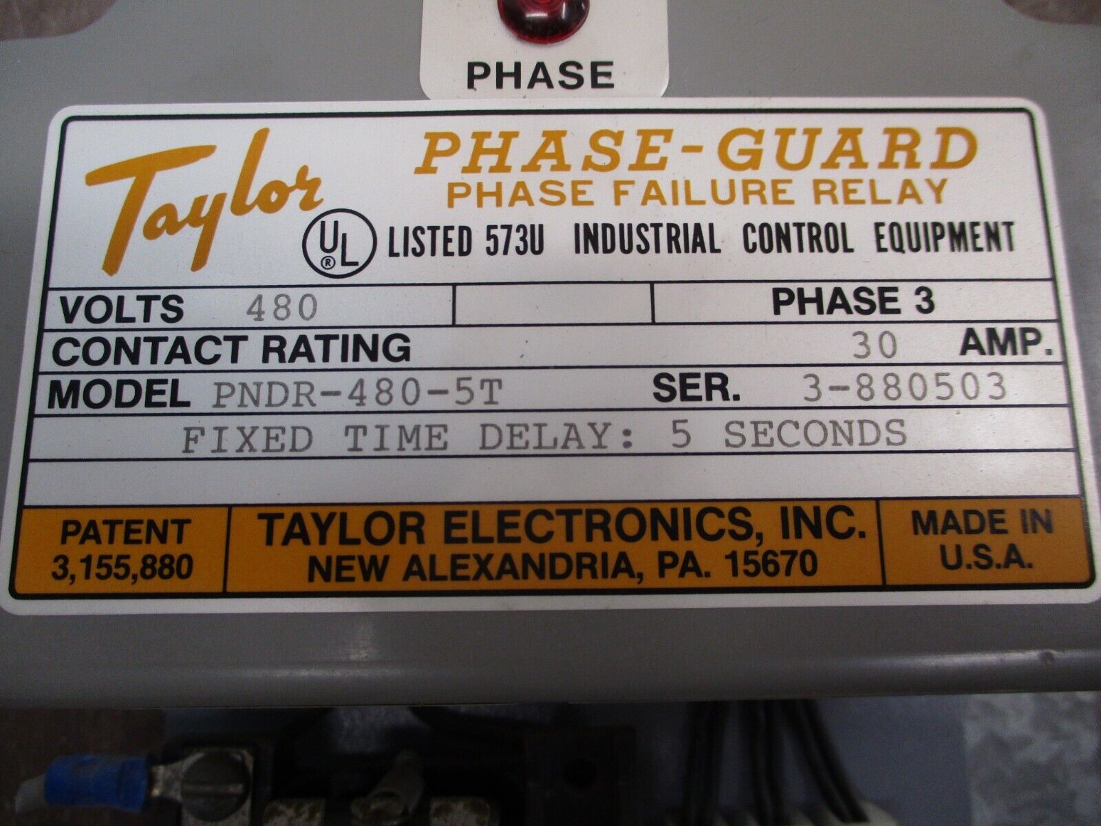 Phase-Guard Phase Failure Relay PNDR-480-5T 480V 3Ph 30A Delay: 5 Sec Used