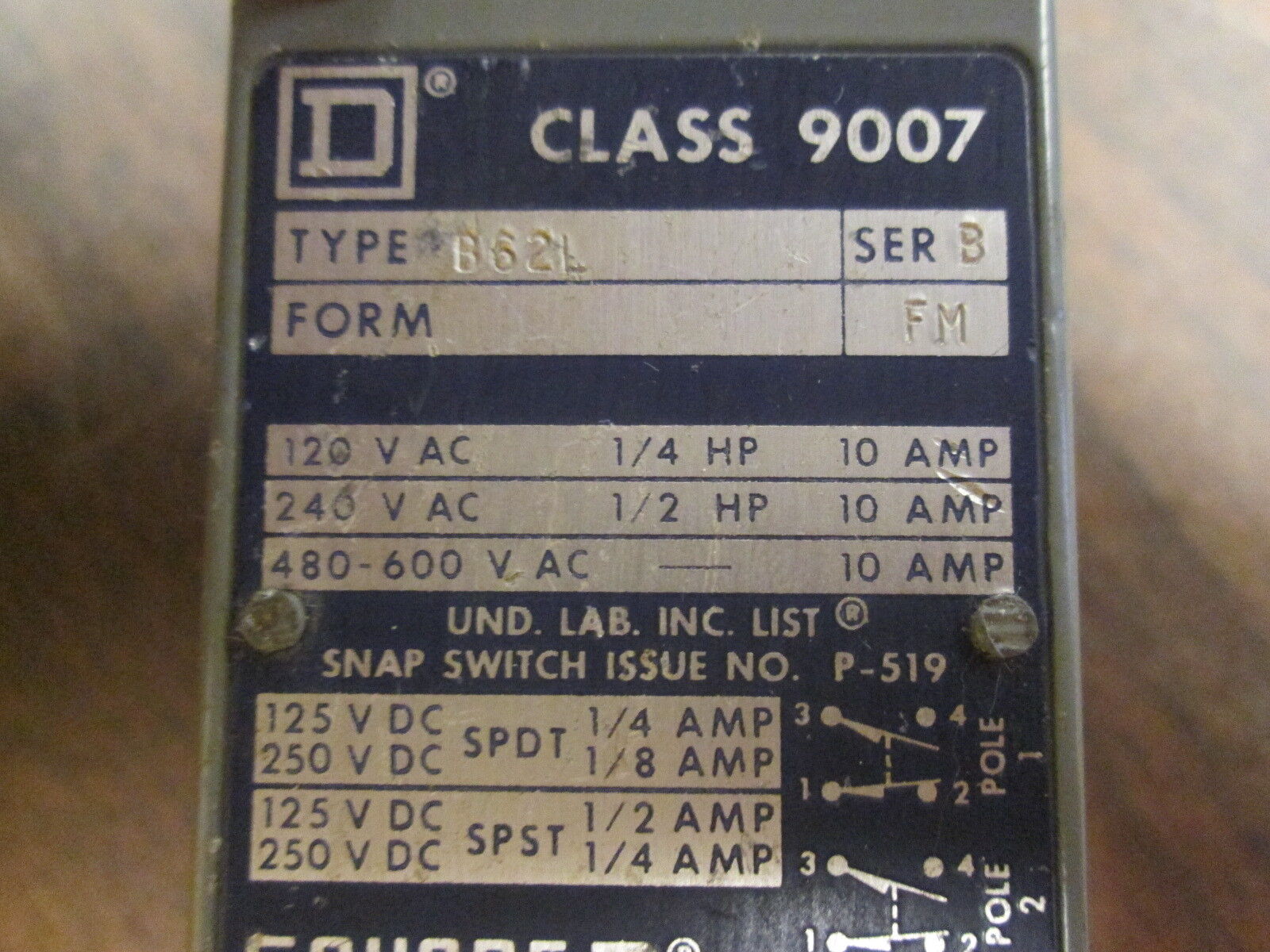 Square D Limit Switch 9007 B62L 10A 120-600VAC Used