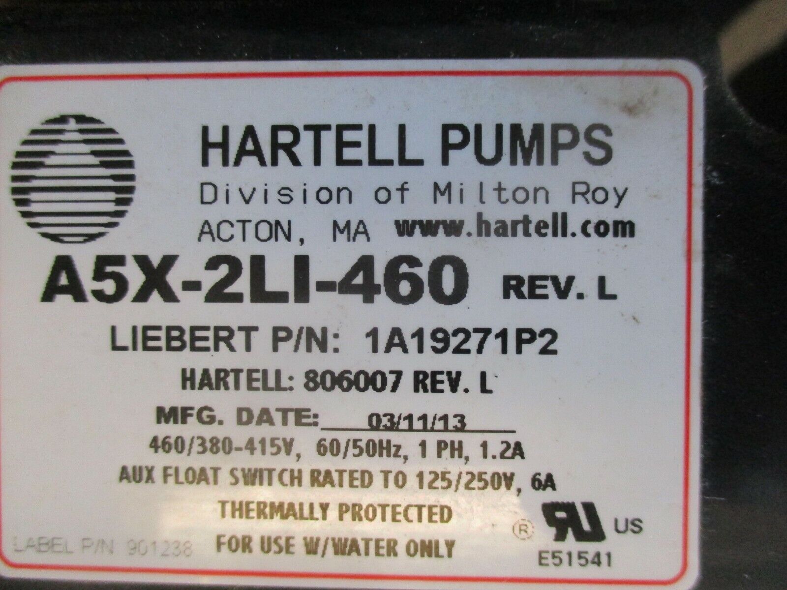 Hartell Condensate Pump A5X-2LI-460 Rev. L 460/380-415V 60/50HZ 1Ph 1.2A Used