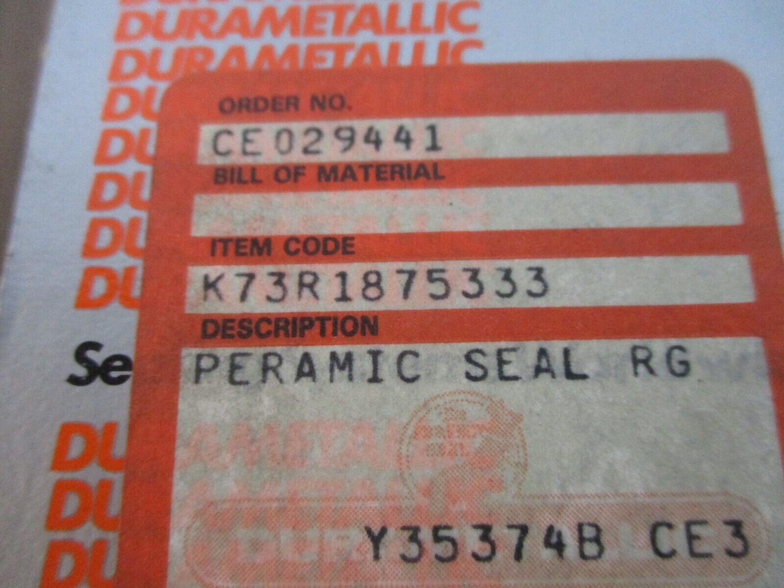Durametallic Permaic Seal Ring K73R1875333 New Surplus