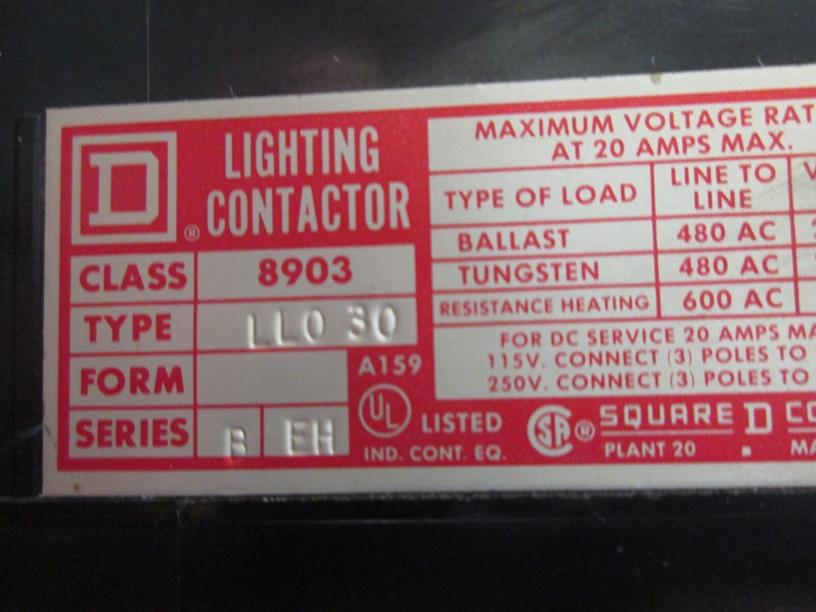 Square D Lighting Contactor 8903 LL030 20A 7P 24V Coil Used