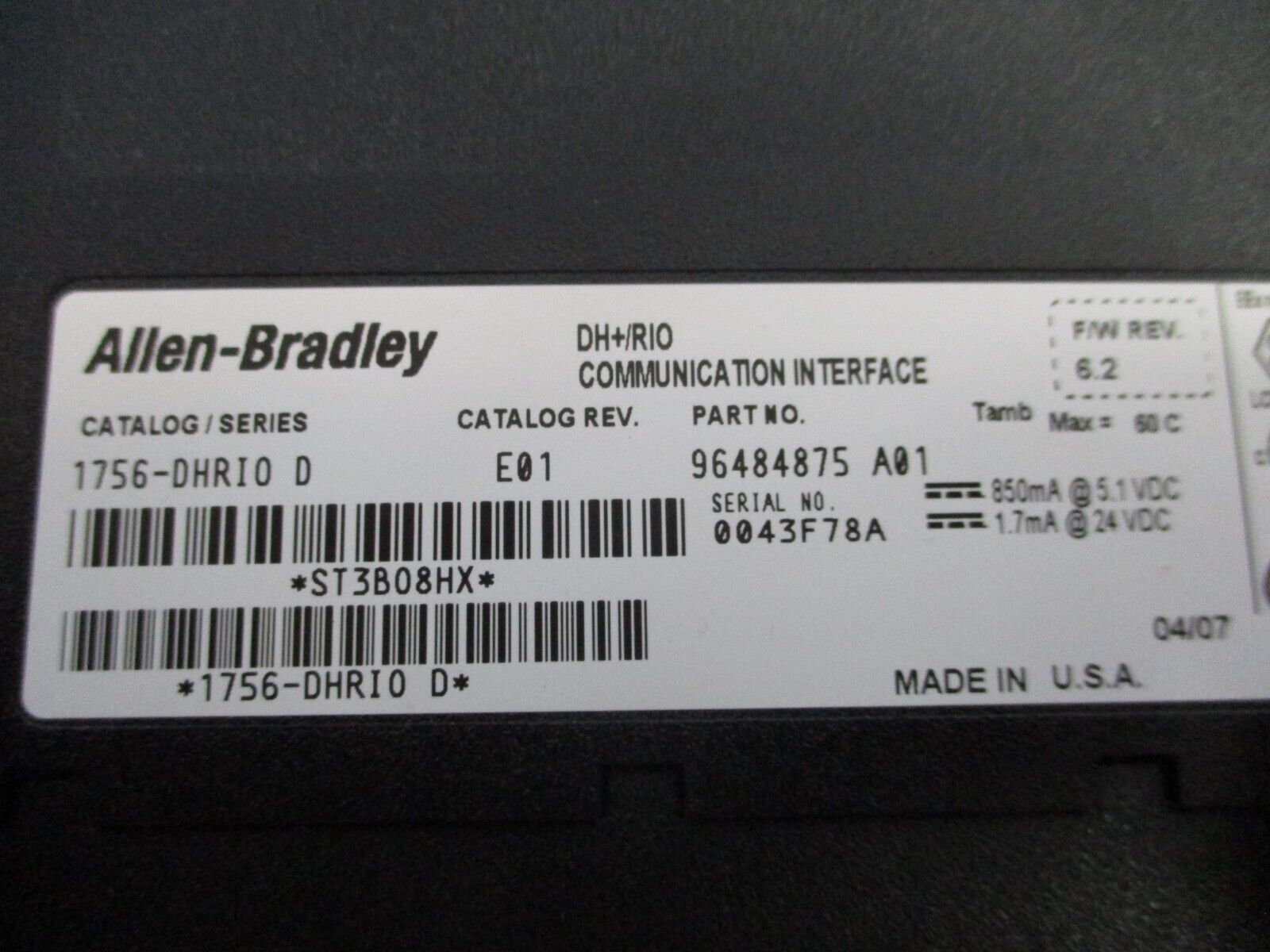 Allen-Bradley ControlLogix DH+/RIO Comm Interface Module 1756-DHRIO Ser. D Used