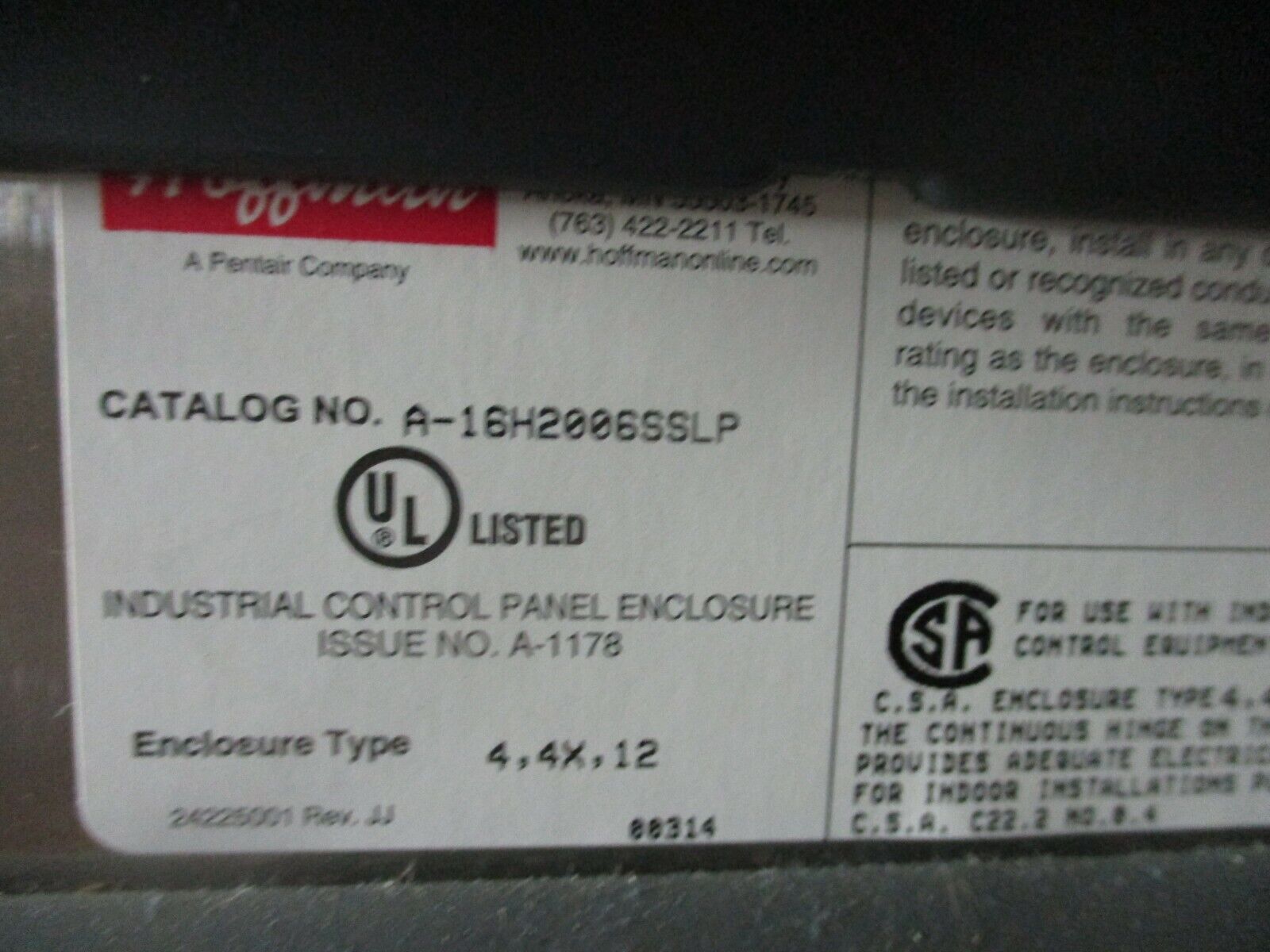 Hoffman Type 4, 4X, 12 Stainless Steel Enclosure A-16H2006SSLP Size: 16x20x6"