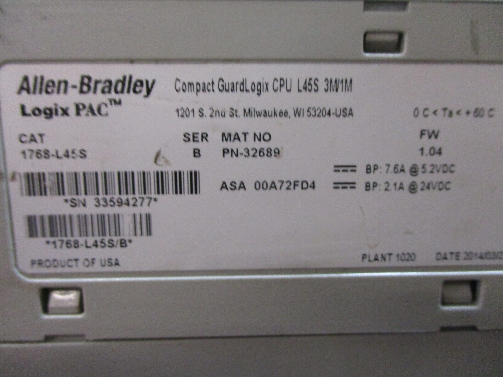Allen-Bradley Logix PAC Compact GuardLogix CPU L45S 3M/1M 1768-L45S Ser. B Used