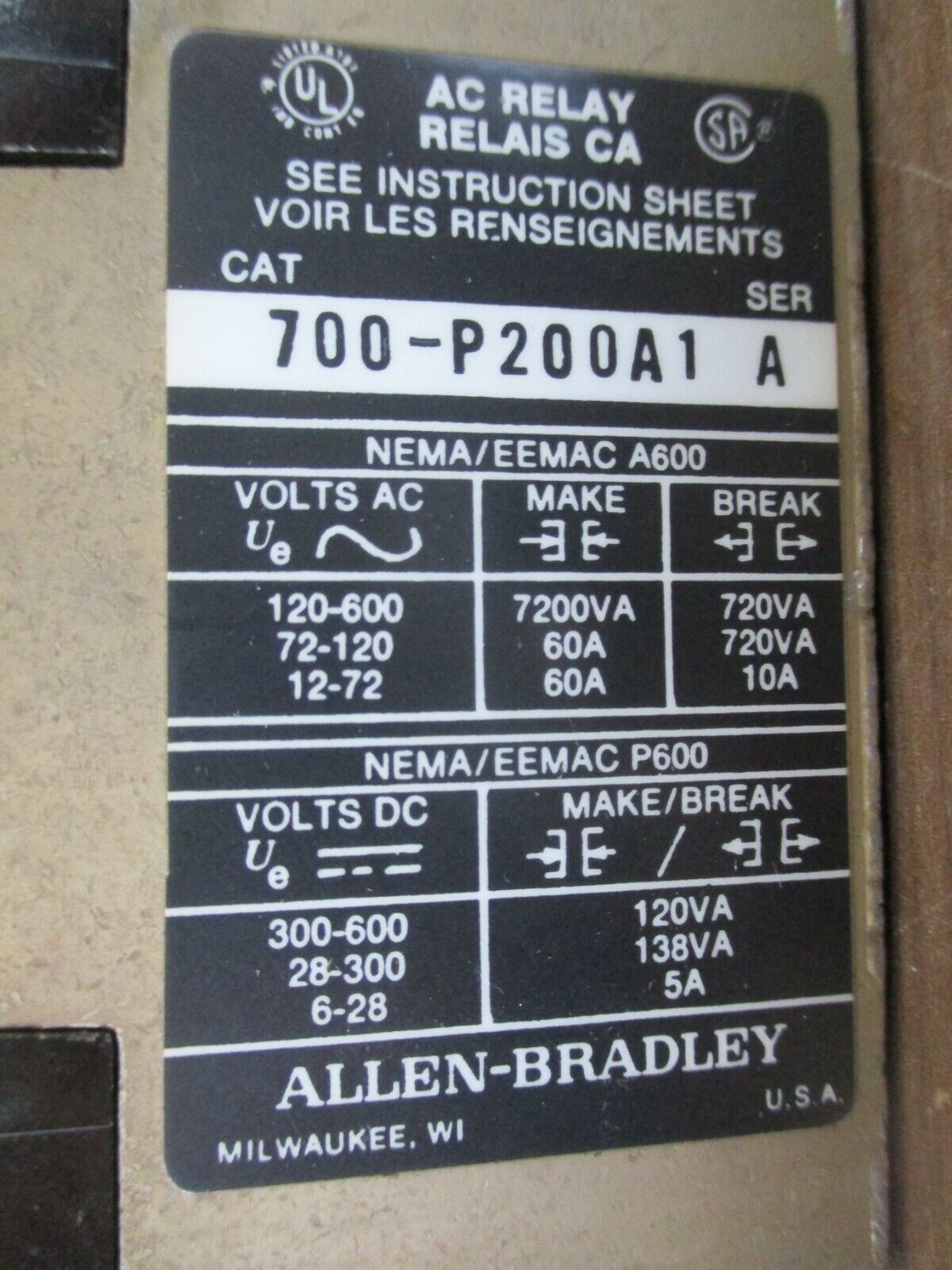 Allen-Bradley AC Relay 700-P200A1 115-120V Coil 10A 600V *Lot of 3* Used