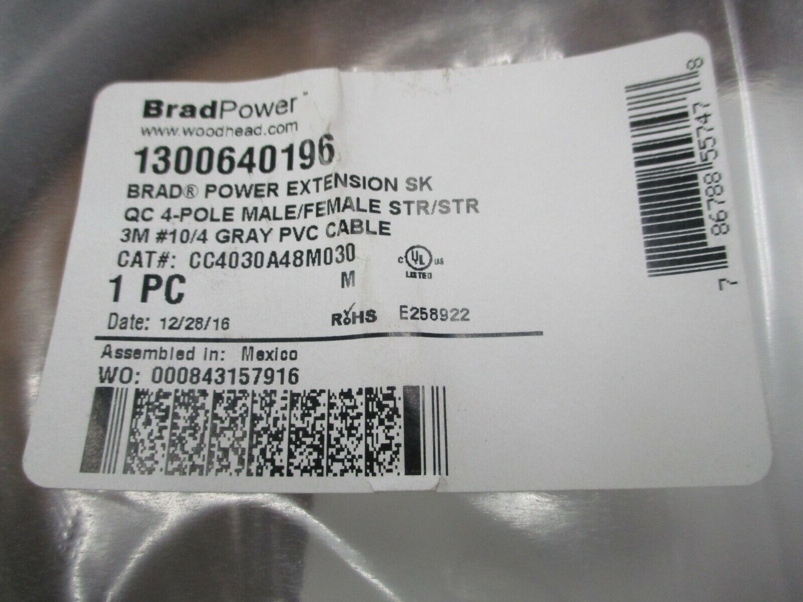 Brad Power Extension SK Double-Ended Cord Set 1300640176 CAT #: CC4030A48M030