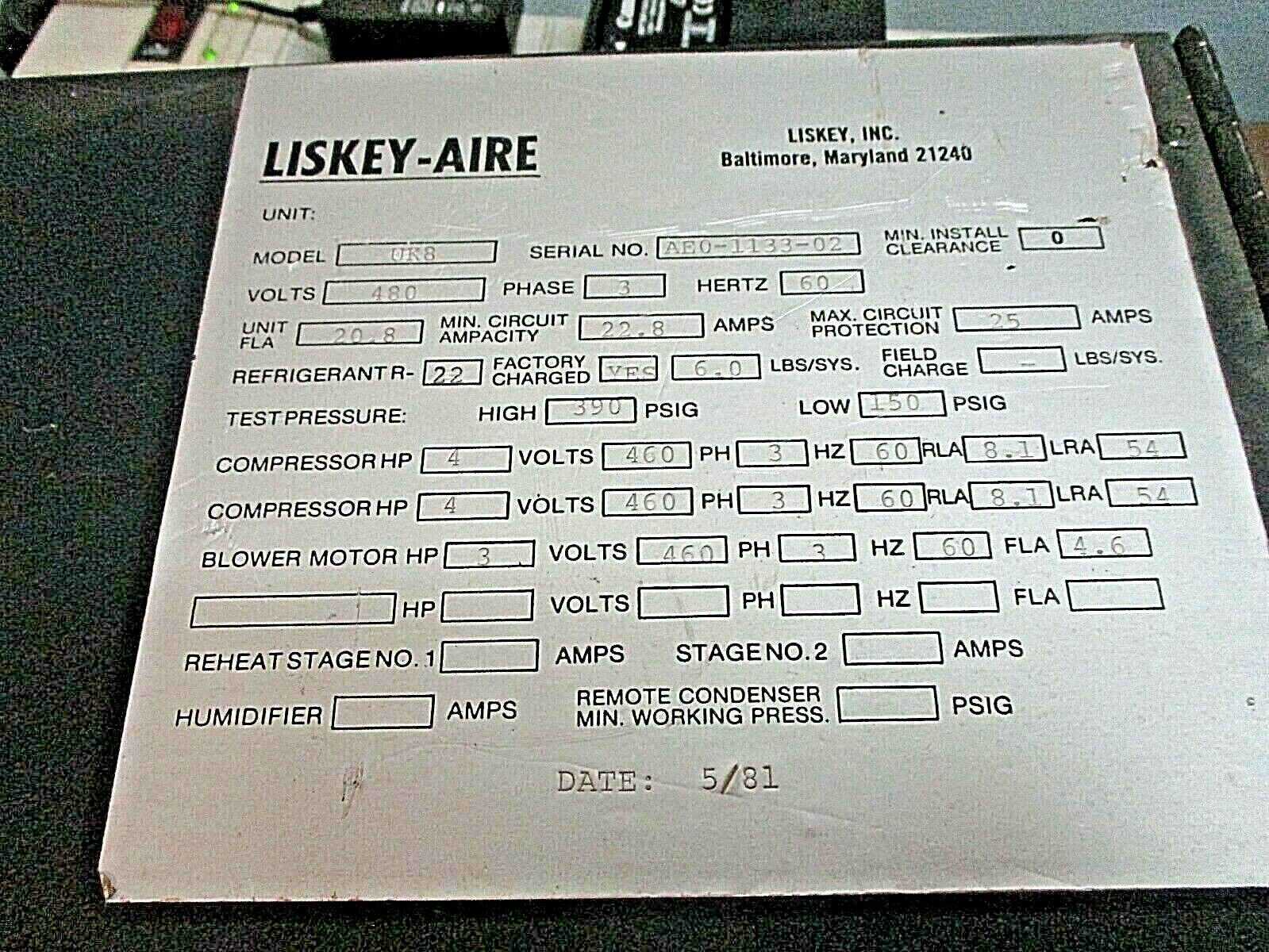 Liskey-Aire HVAC Controller UK8 480V 60Hz 3Ph Used