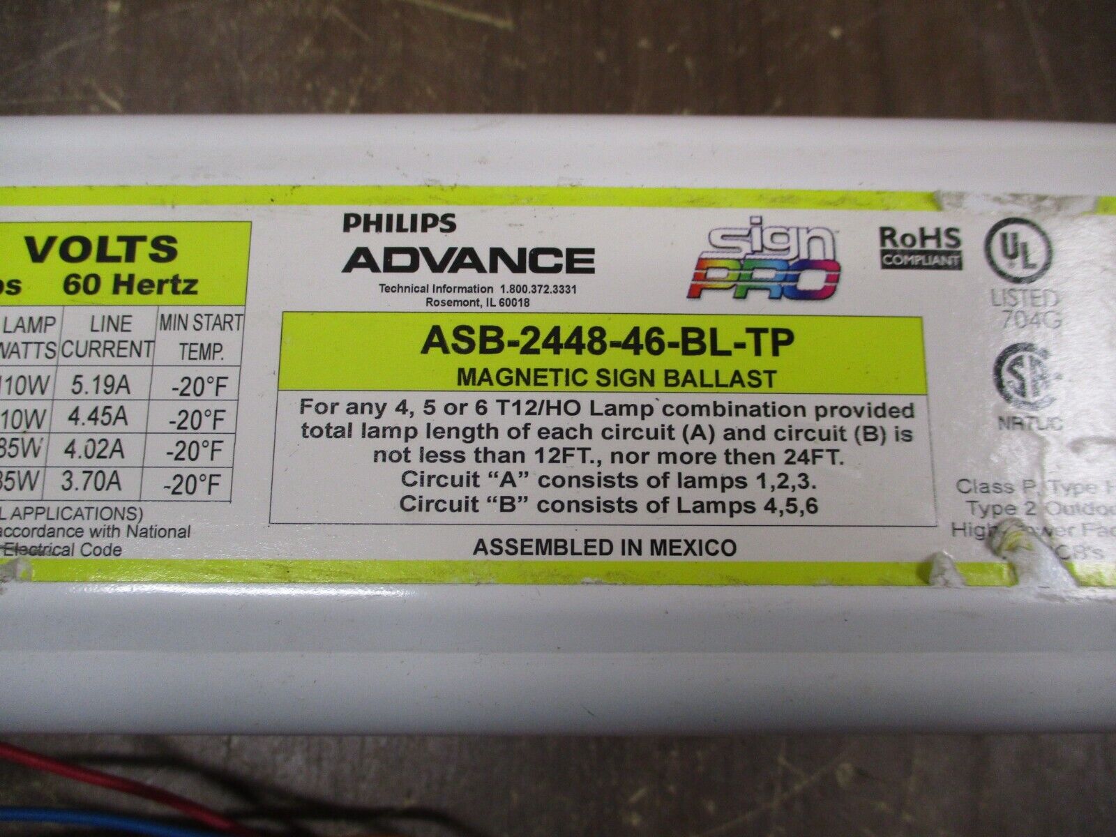 Philips Advance Sign Pro Magnetic Sign Ballast ASB-2448-46-BL-TP 120V 5.19A 60Hz