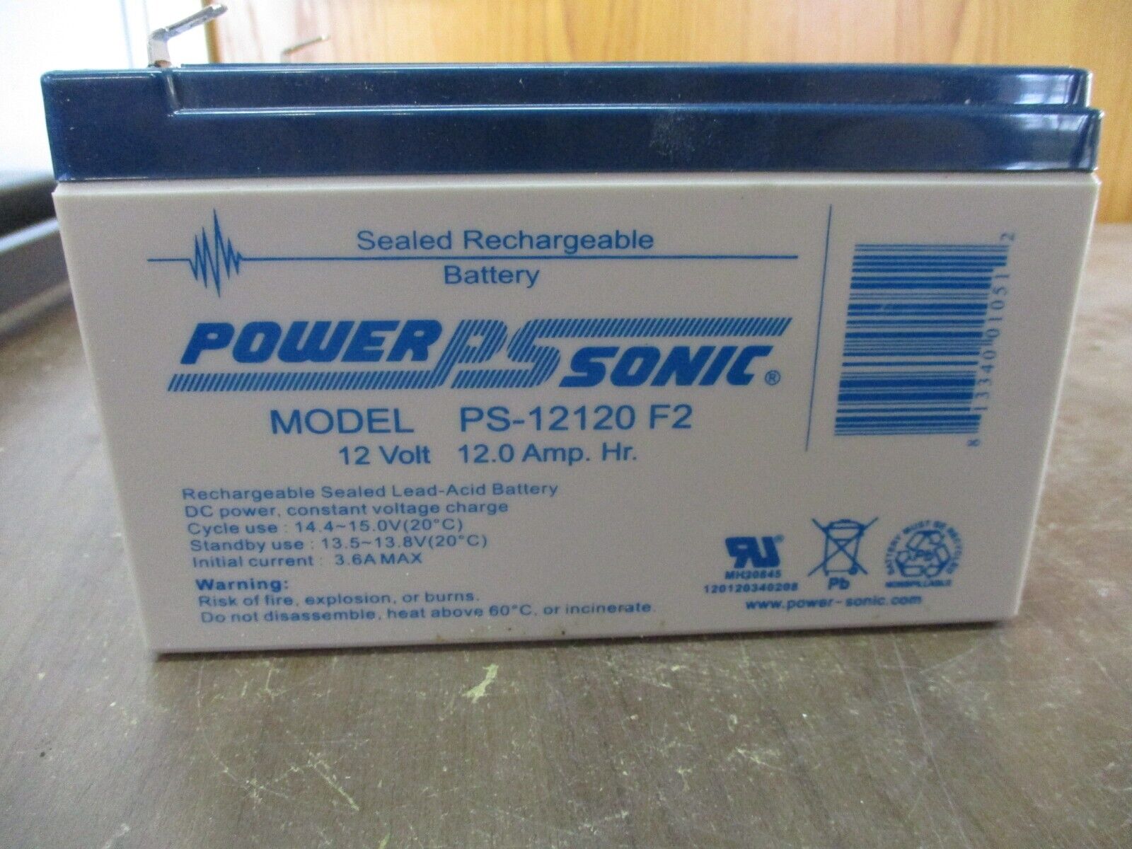 Power Sonic Sealed Rechargeable Battery PS-12120 F2 12VDC 12A-Hr Lead-Acid Used