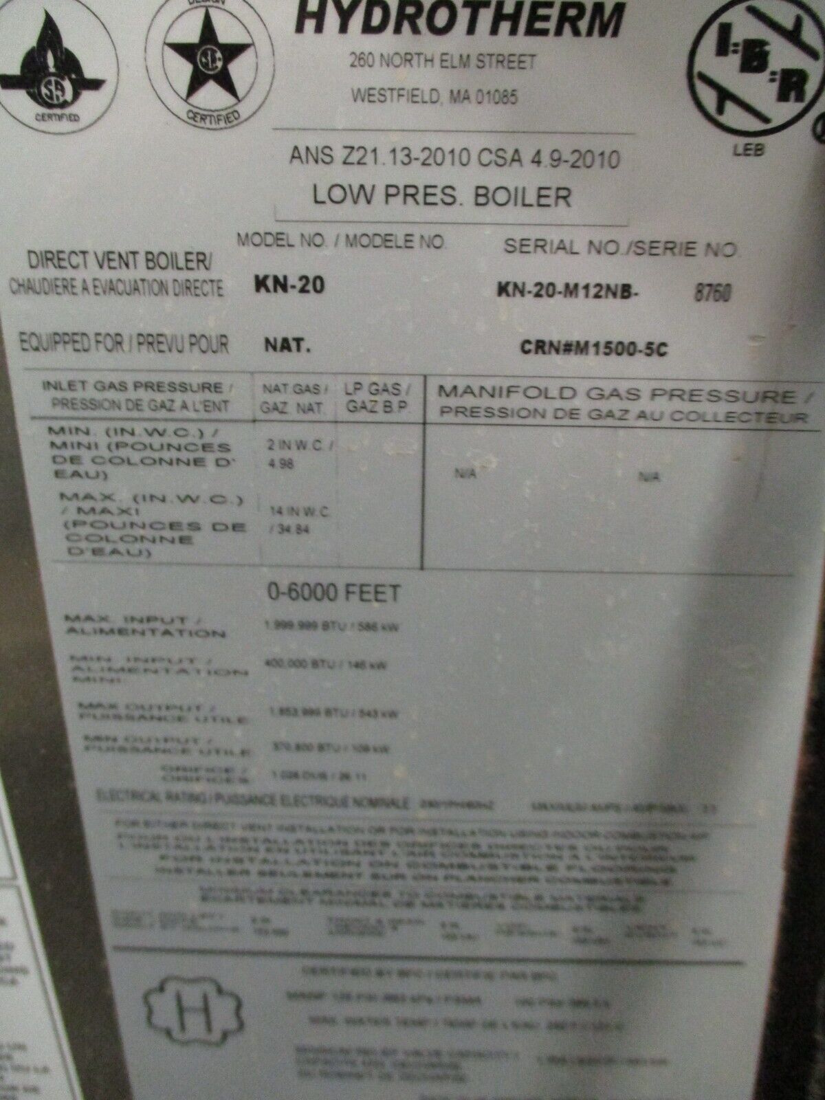 Hydrotherm Low Pressure Cast Iron Boiler KN-20 2,000,000BTU Natural Gas 230V 1Ph