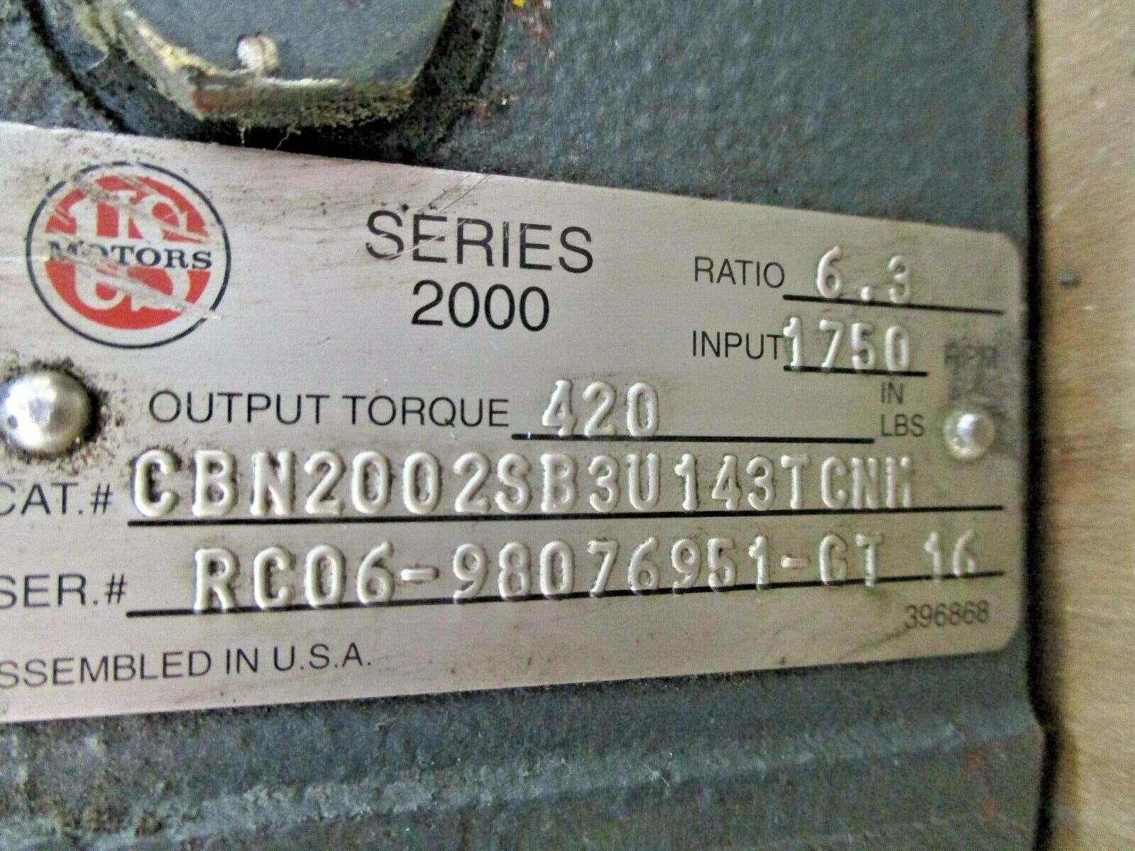 US Motor Series 2000 Reducer CBN2002SB3U143T CNN Ratio 6.3:1 420 In-Lbs Out Used