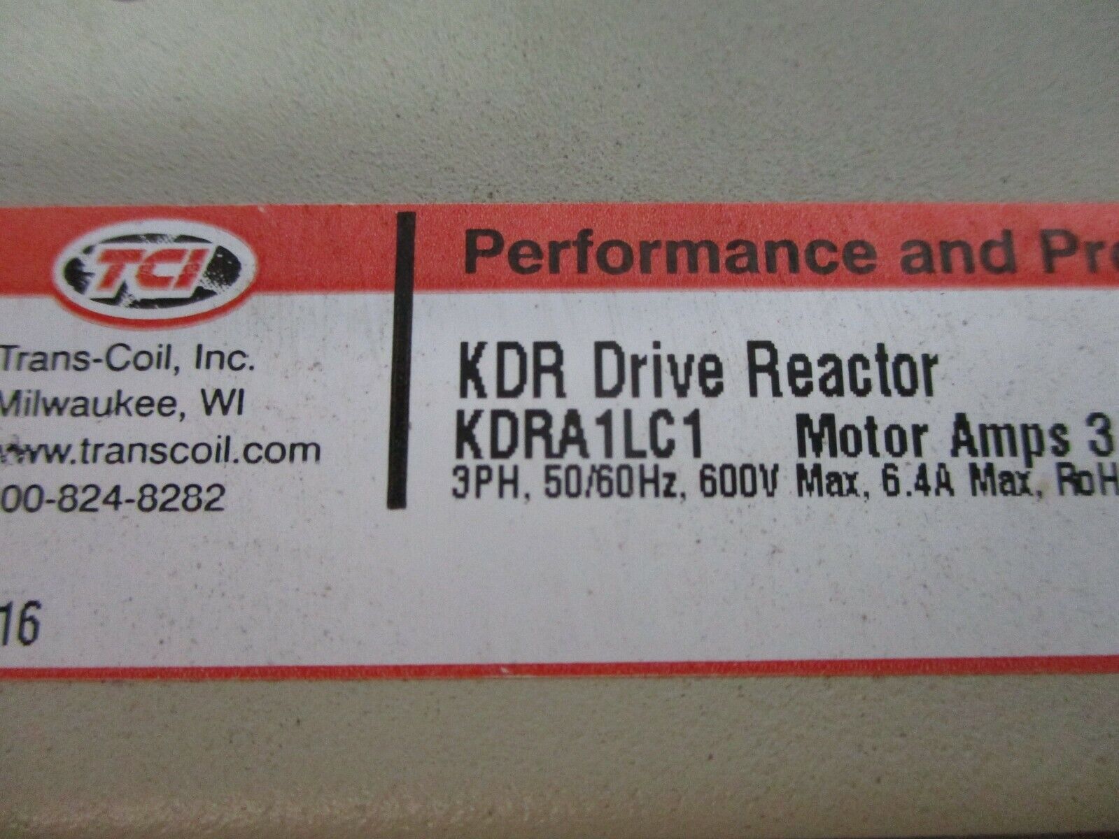 TCI KDR Drive Reactor KDRA1LC1 Motor Amps: 3.4A 3Ph 50/60Hz 600V 6.4A Max Used