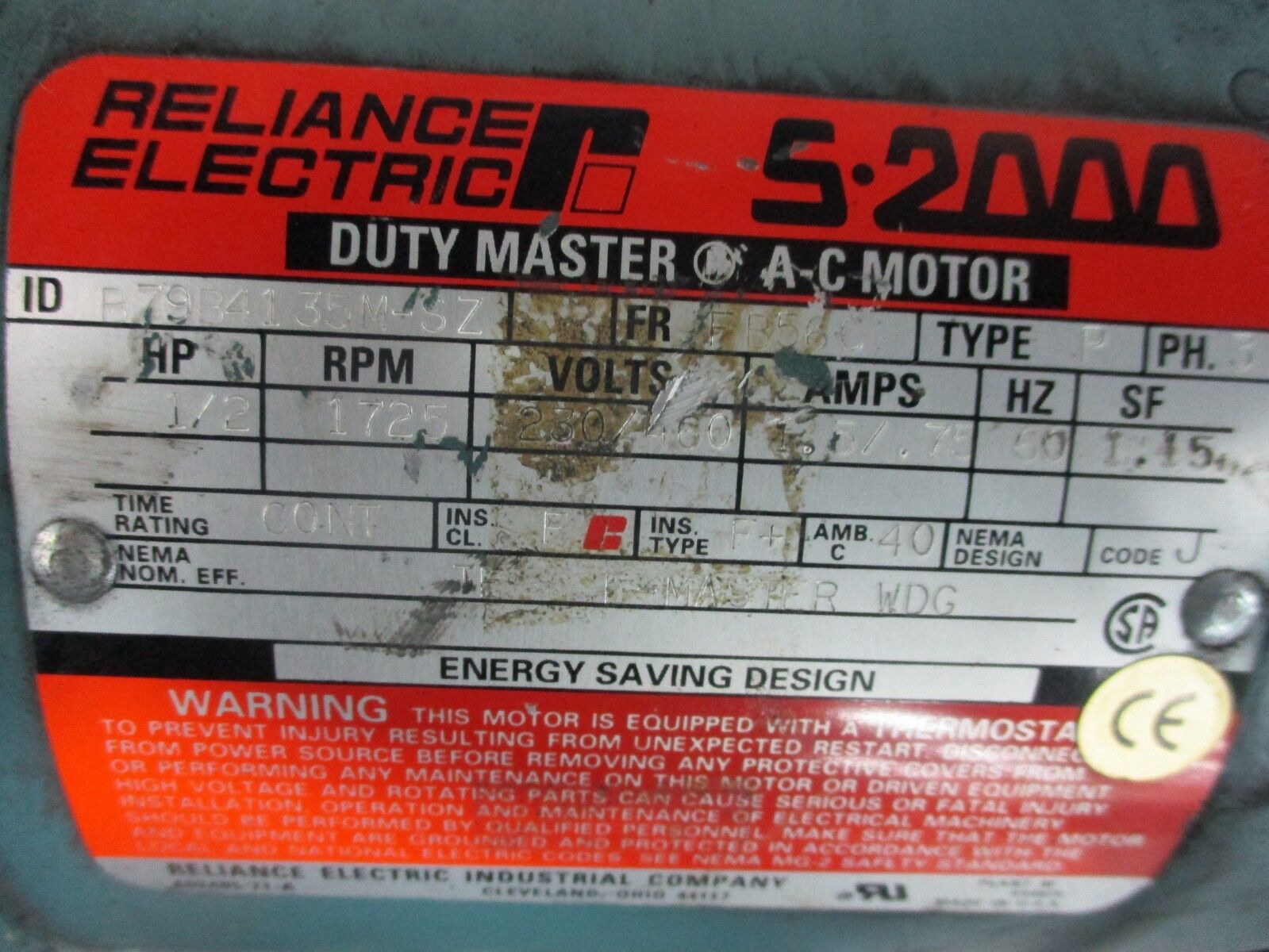 Reliance Duty Master AC Motor B79B4135M-SZ 1/2HP 1800RPM FR: FB56C 230/460V Used