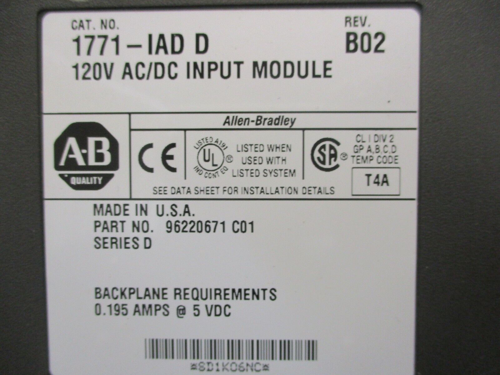 Allen-Bradley AC/DC Input Module 1771-IAD/D Rev. B02 120V Used