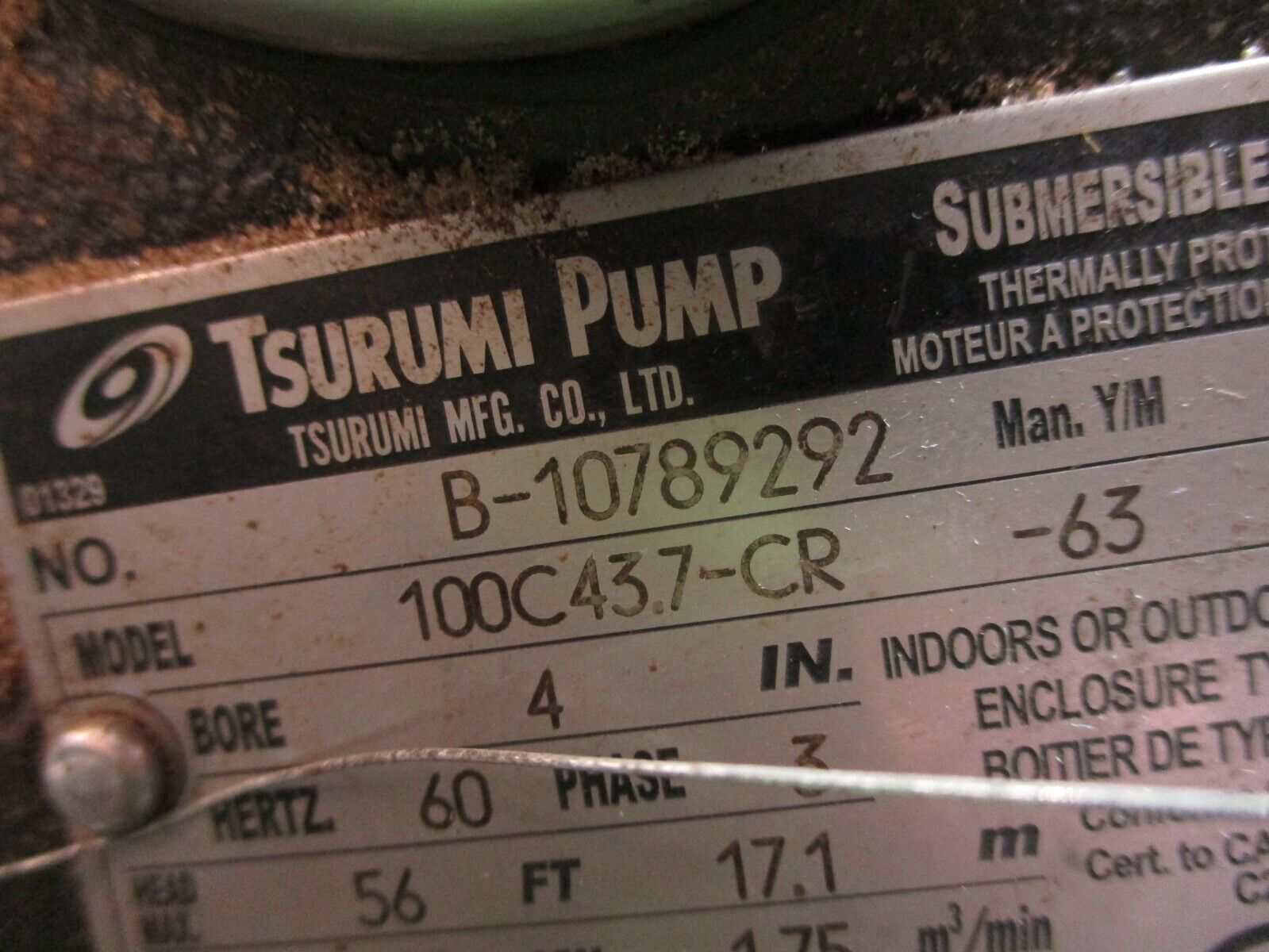 Tsurumi Submersible Pump 100C43.7-CR-63 5HP 462 GPM 56ft Head 460V 6.9A 60Hz 3Ph