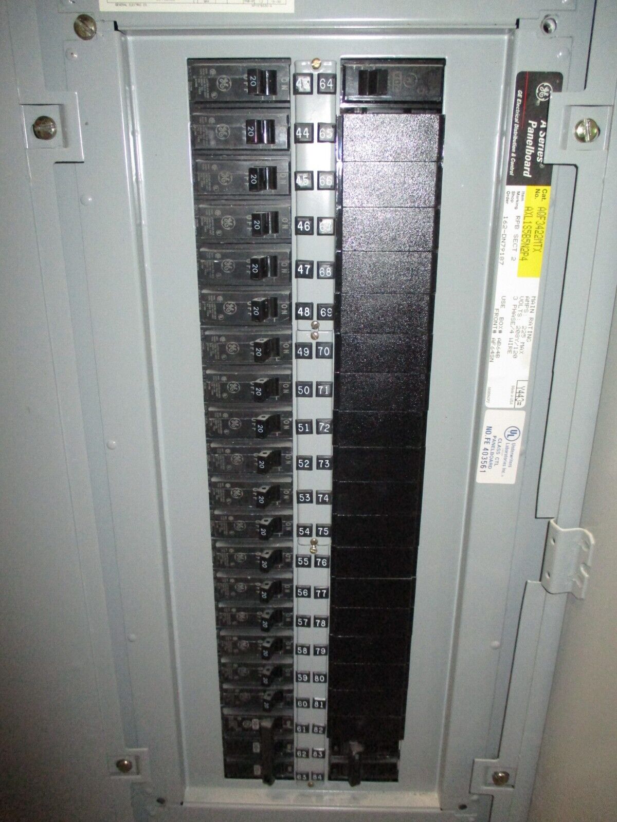 GE Main Lug Breaker Panel AQF3422MTX 225A Max 208/120V 3Ph 4W 42-Slot Used