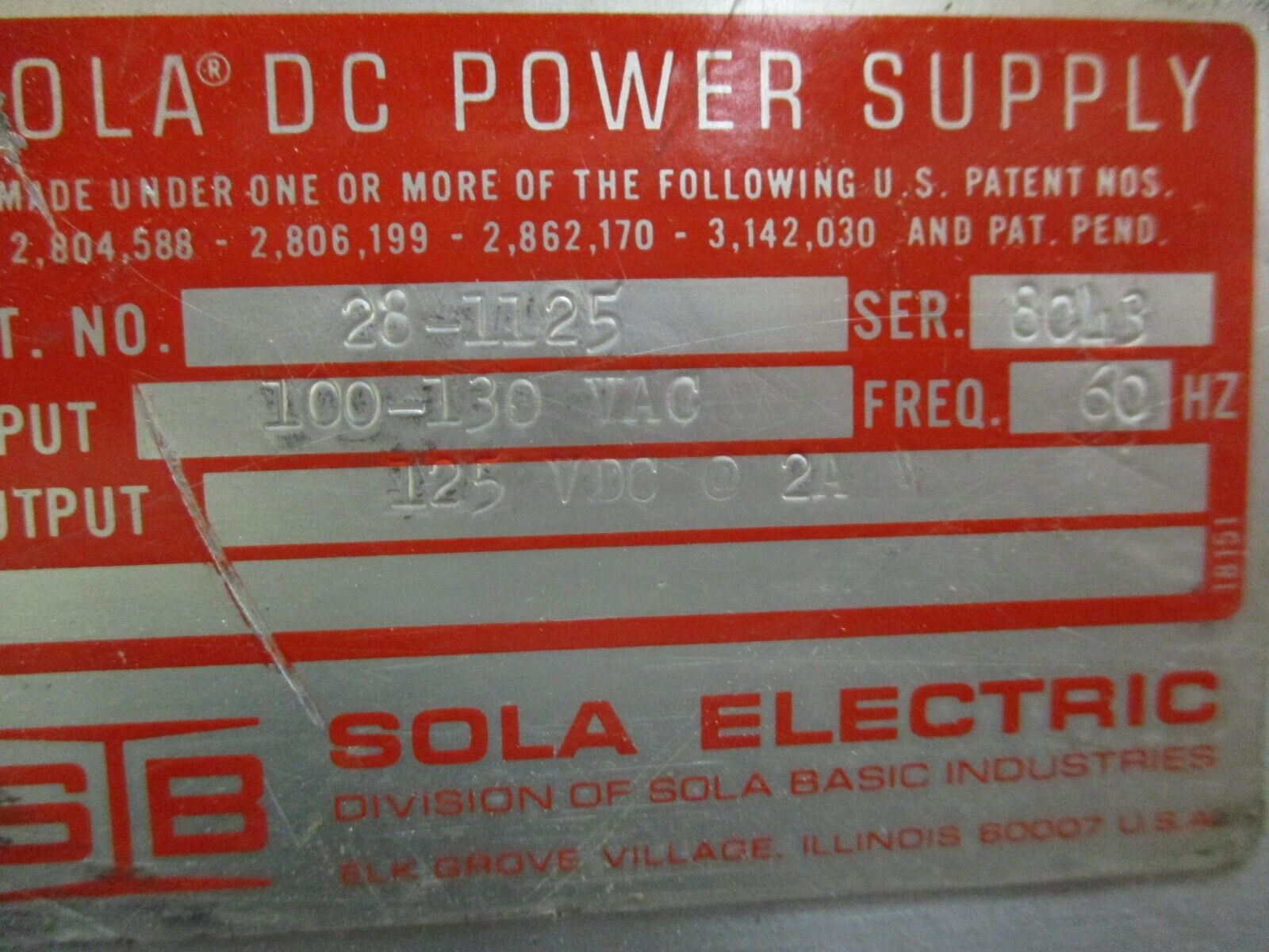 Sola DC Power Supply 28-1125 Input: 100-130VAC 60Hz Output: 125VDC 2A Used