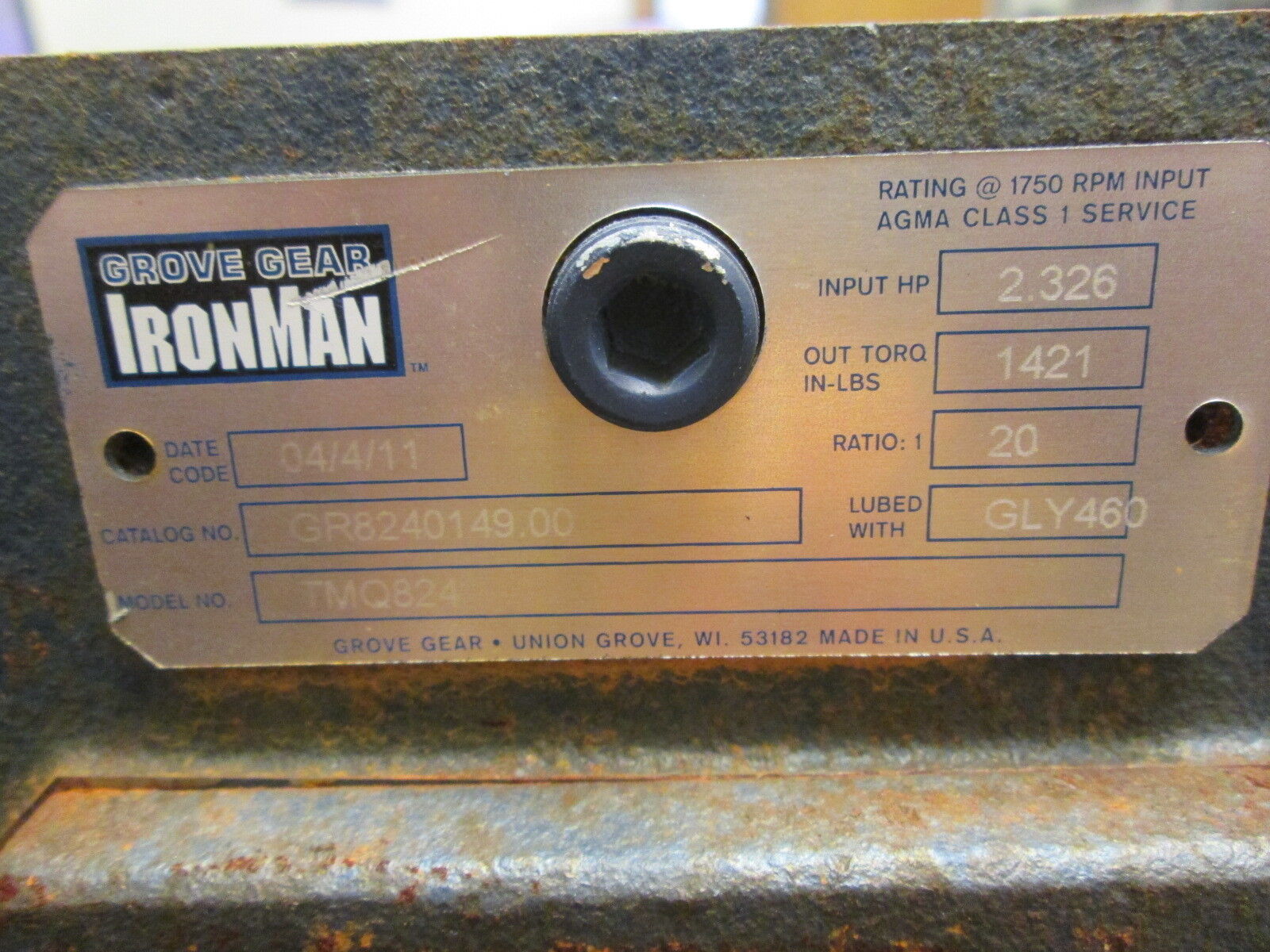 Grove Gear Iron Man Model TWQ824 Reducer GR8240149.00 Ratio 20:1 3.325HP In Used