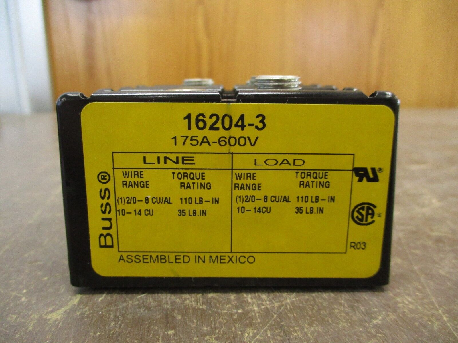 Buss Power Distribution Block 16204-3 175A 600V 3P Line (1): 2/0-8, 10-14 Used