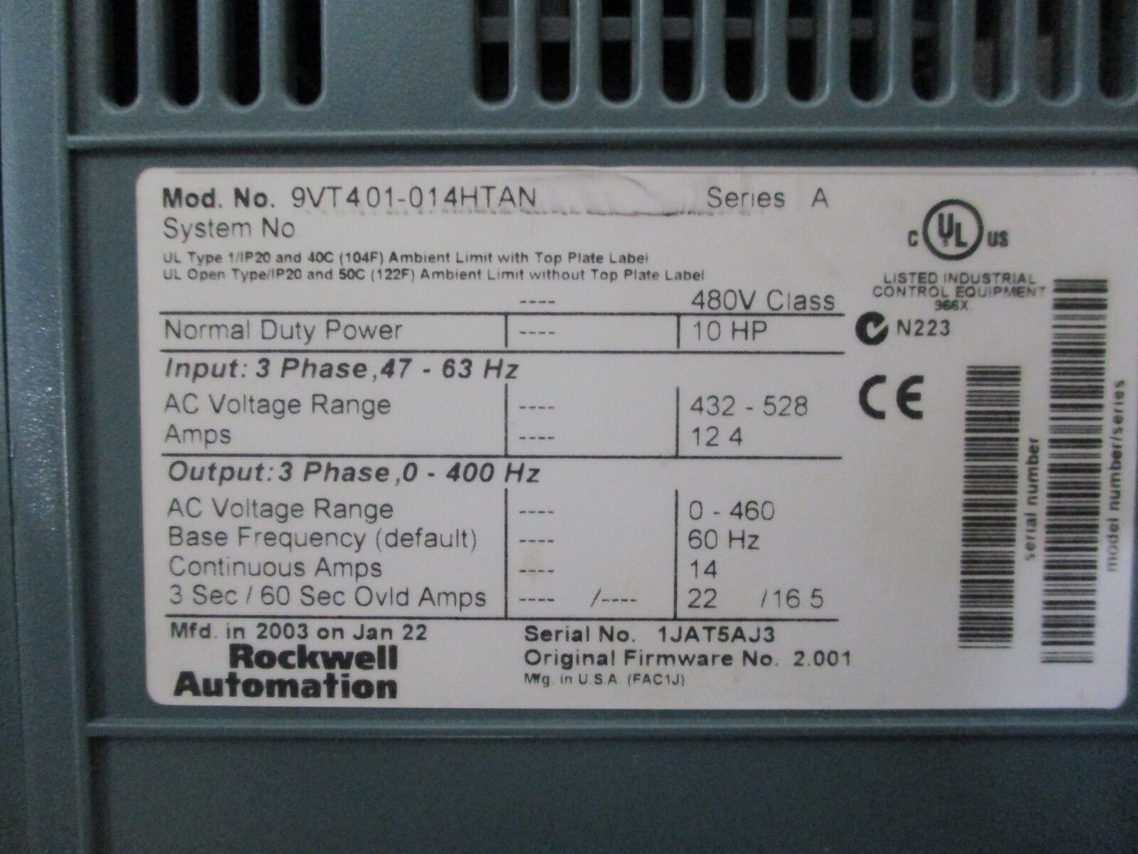 Rockwell Automation VTAC9 AC Drive w/ Disconnect 9VT401-014HTAN 10HP 3Ph Used