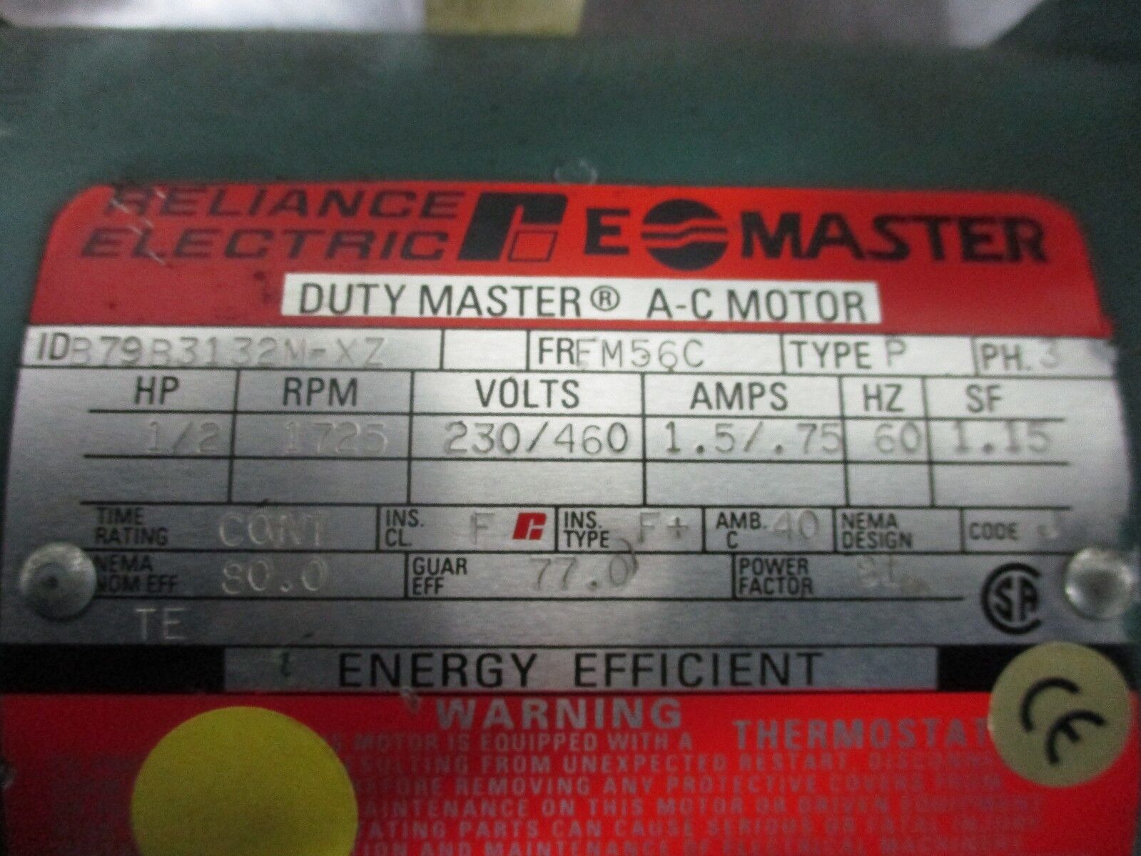Reliance Duty Master AC Motor w/ Gear B79B3132M-XZ 1/2HP 1800RPM 230/460V Used