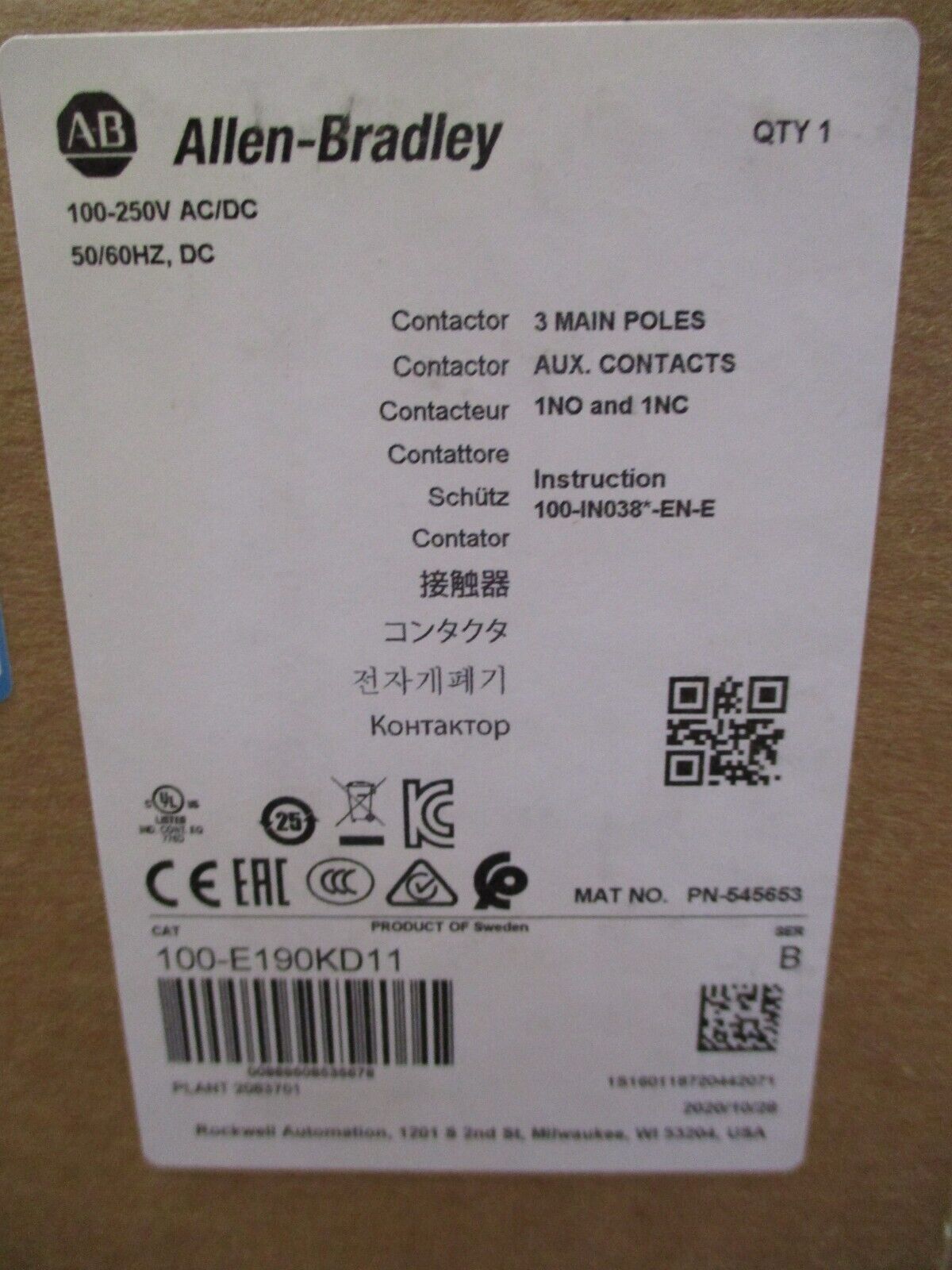 Allen-Bradley Contactor 100-E190KD11 Ser. B 100-250V AC/DC Coil New Surplus