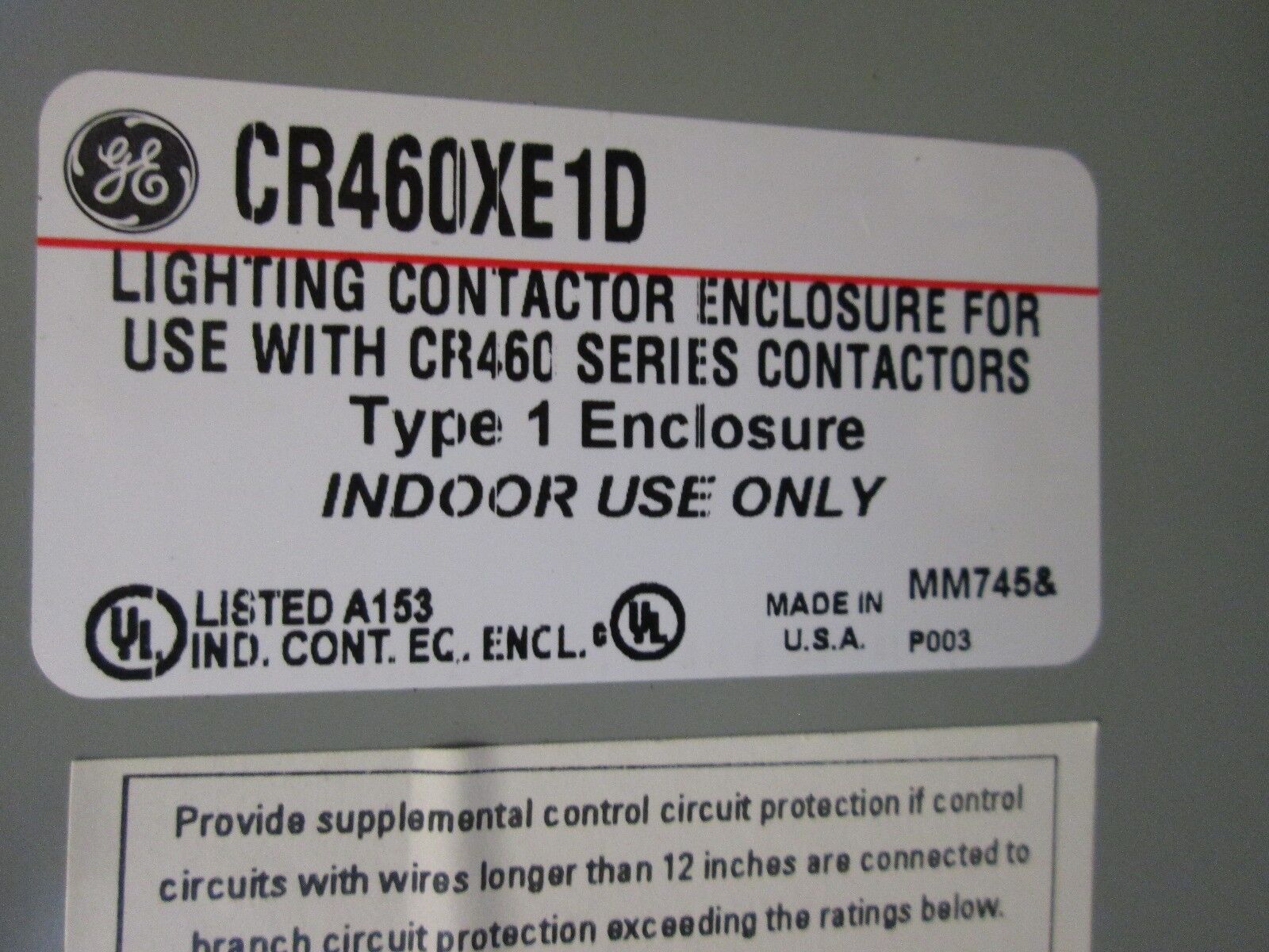 GE Lighting Contactor Enclosure CR460XE1D nema 1 Enclosure New Surplus