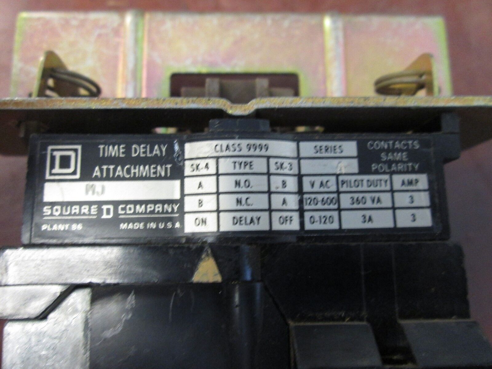 Square D Time Delay Attachment 9999 MJ 600VAC Max 3A Used