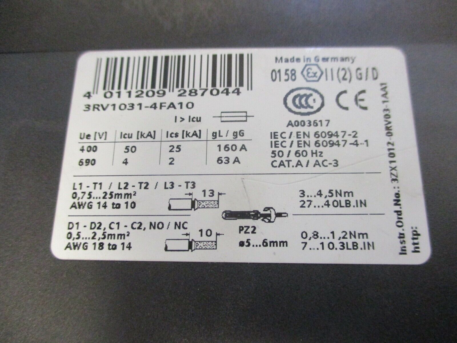 Siemens Sirius Starter 3RT1035-1A..0/3RV1031-4FA10 24V Coil Trip: 28-40A Used
