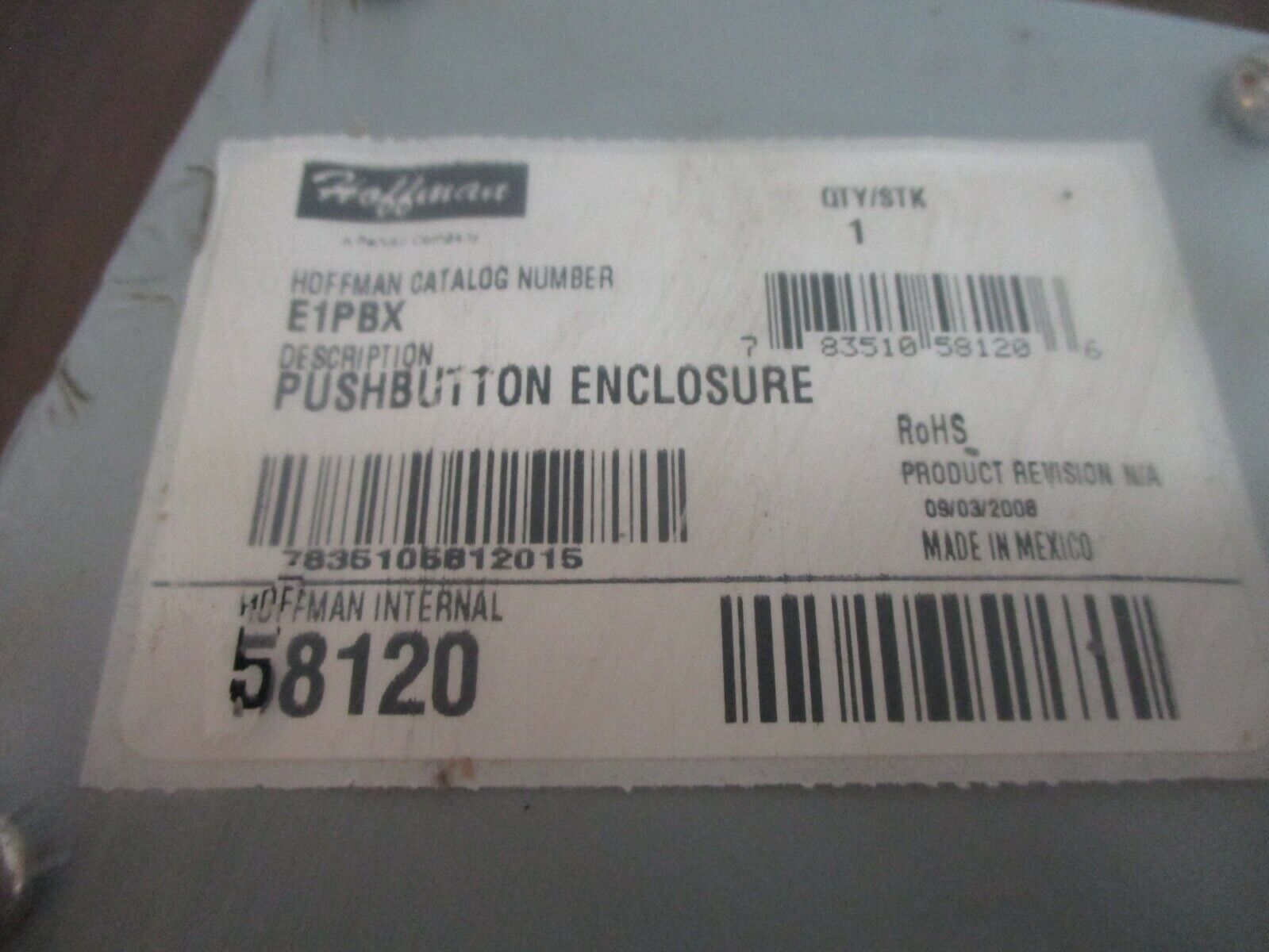 Hoffman Pushbutton Enclosure E1PBX 1-Position New Surplus