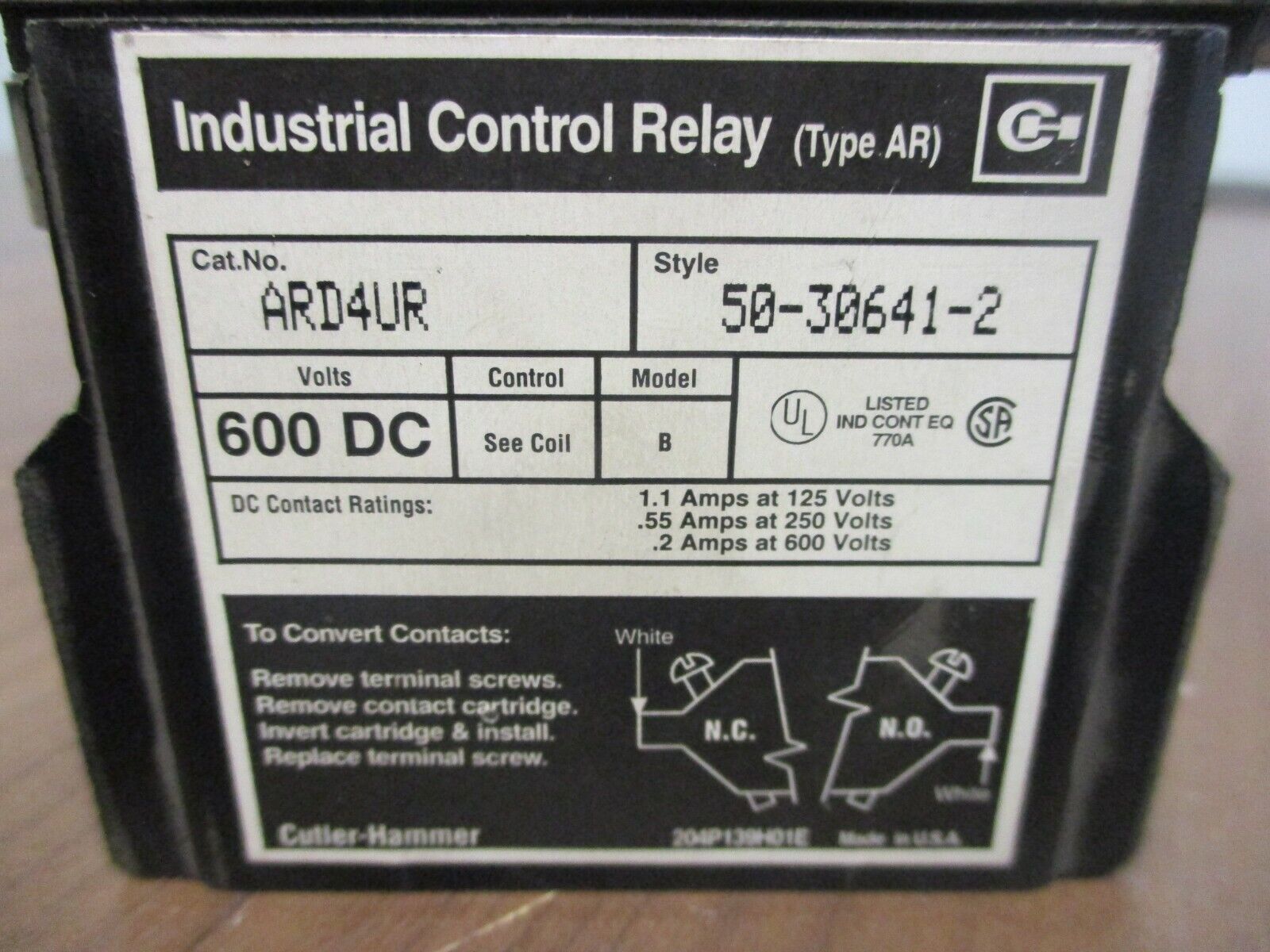 Cutler-Hammer  Control Relay  ARD4UR  130VDC Coil  600V Relay  Used