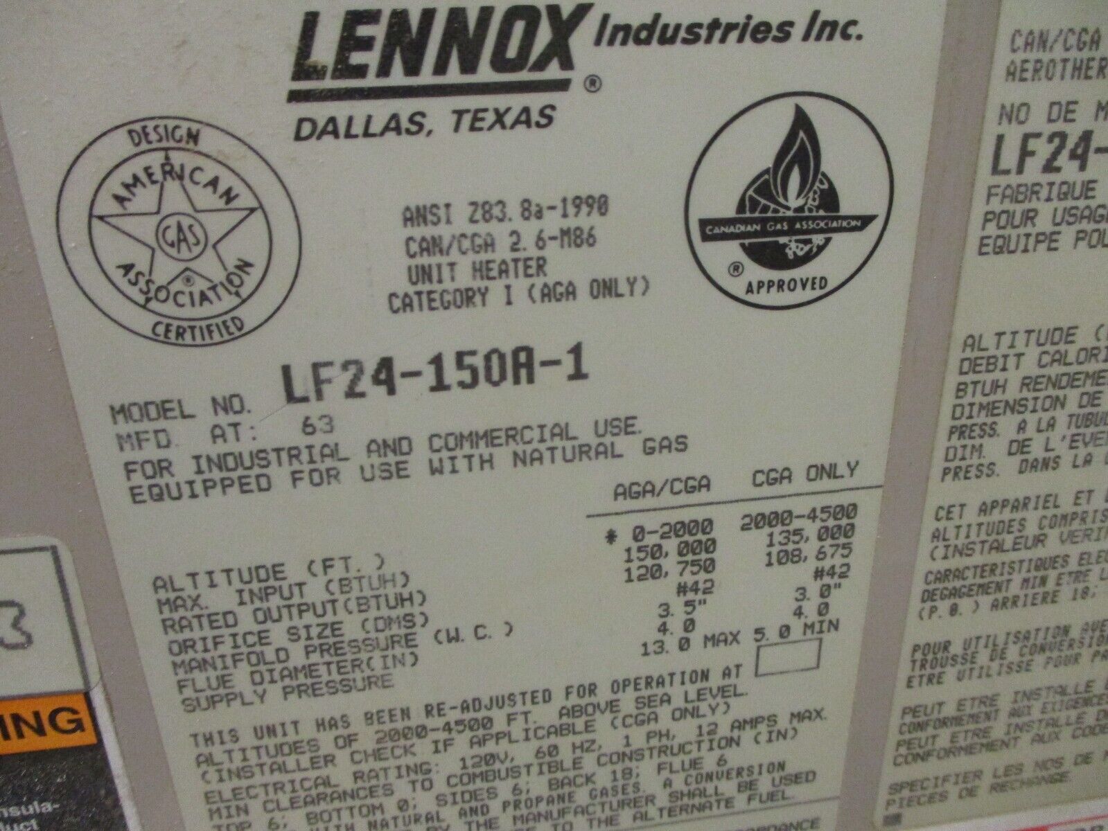 Lennox Natural Gas Heater LF24-150R-1 150,000 BTU Input, 120,750 BTU Output 120V