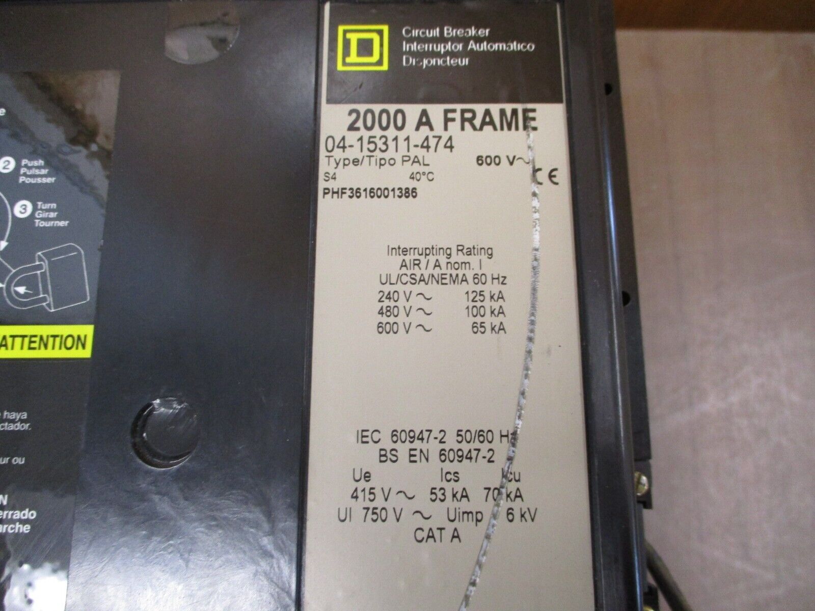 Square D Circuit Breaker PHF3616001386 1600A 600V Used