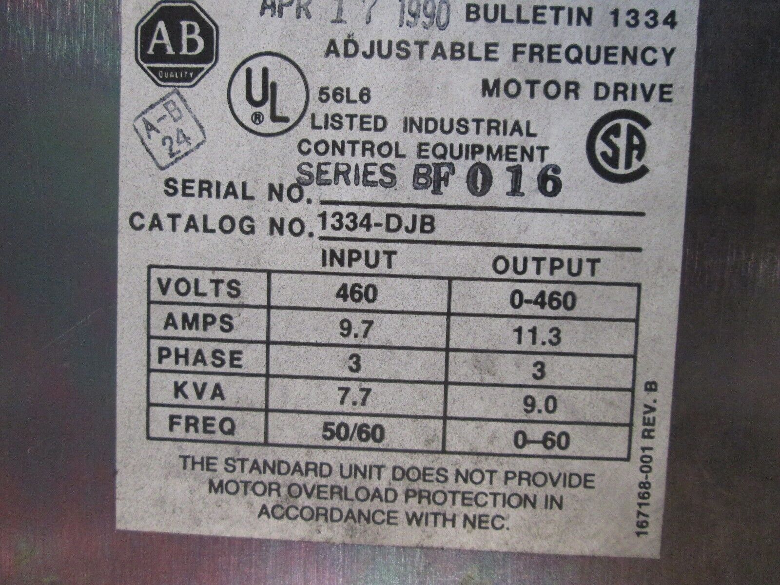 Allen-Bradley AC Drive 1334-DJB 3Ph In: 460V 9.7A Out: 0-460V 11.3A Used